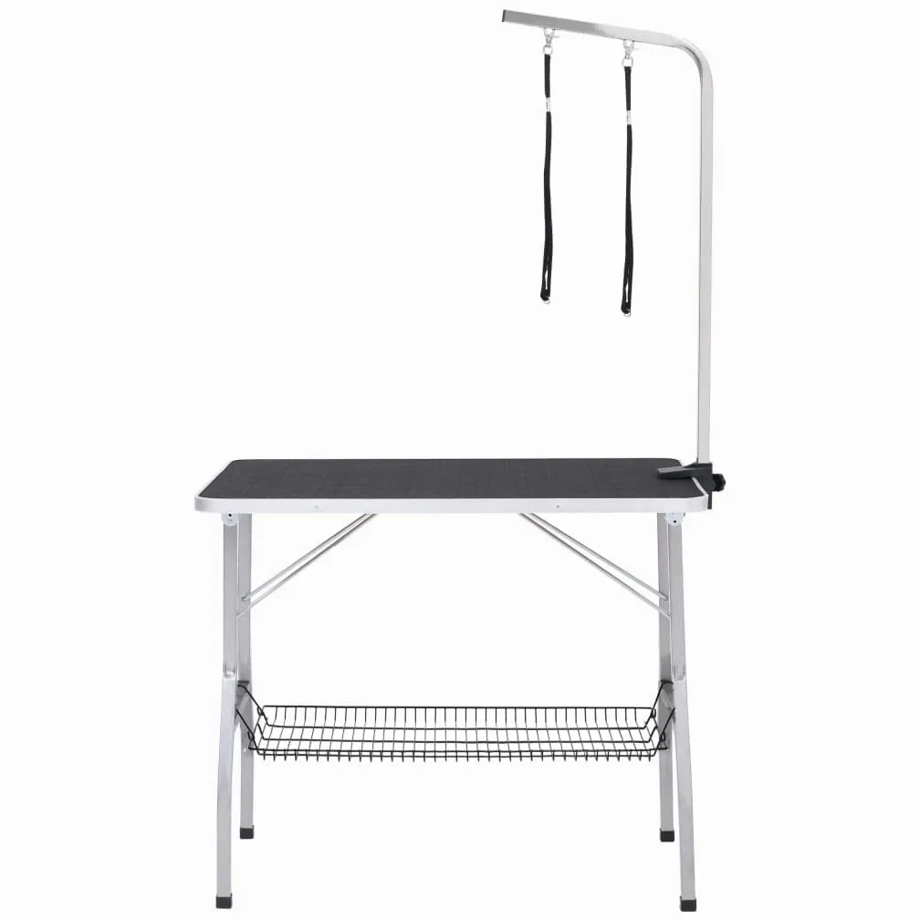 Mesa ajustable para perros y gatos con 2 trabillas, cesta de almacenamiento, plegable, de acero y acero inoxidable, 90 x 60 x 76 cm, ideal para aseo y peines