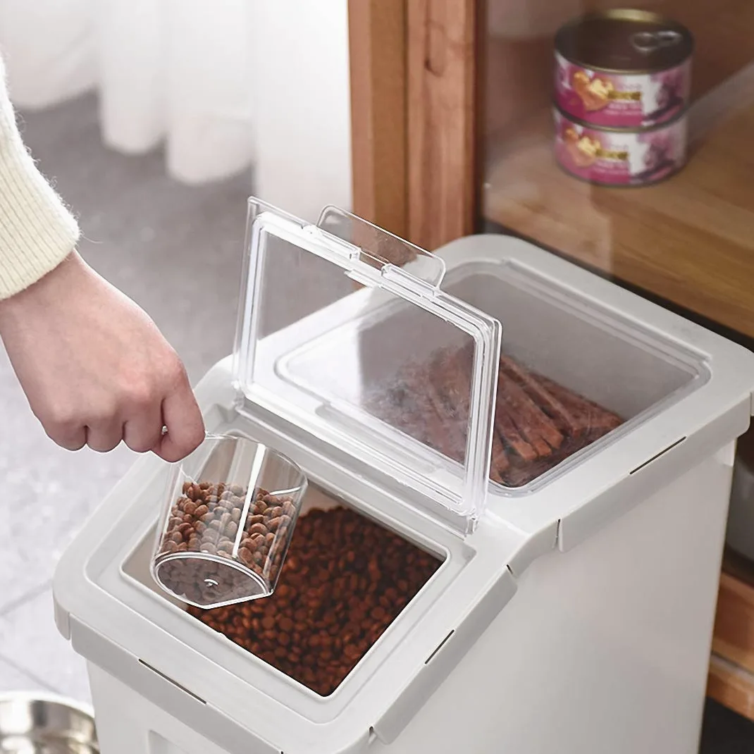 Contenedor de almacenamiento de alimentos de plástico de 10 kg con tapa y ruedas, organizador grande hermético para mascotas y cocina para perros y gatos, harina, cereales, incluye taza
