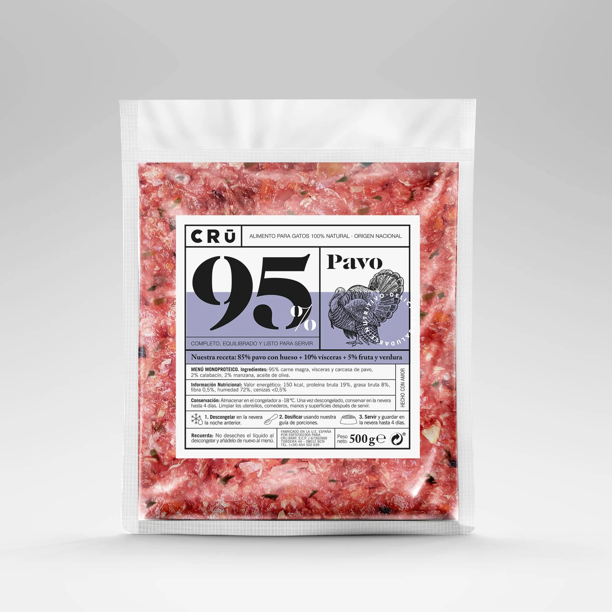 CRU - Comida para Gatos Cruda y Natural de Pavo - Dieta Barf para Gatos Junior y Adultos - Comida Congelada para 1 Mes - 10 Paquetes de 500g. (10 Paquetes, Pavo)