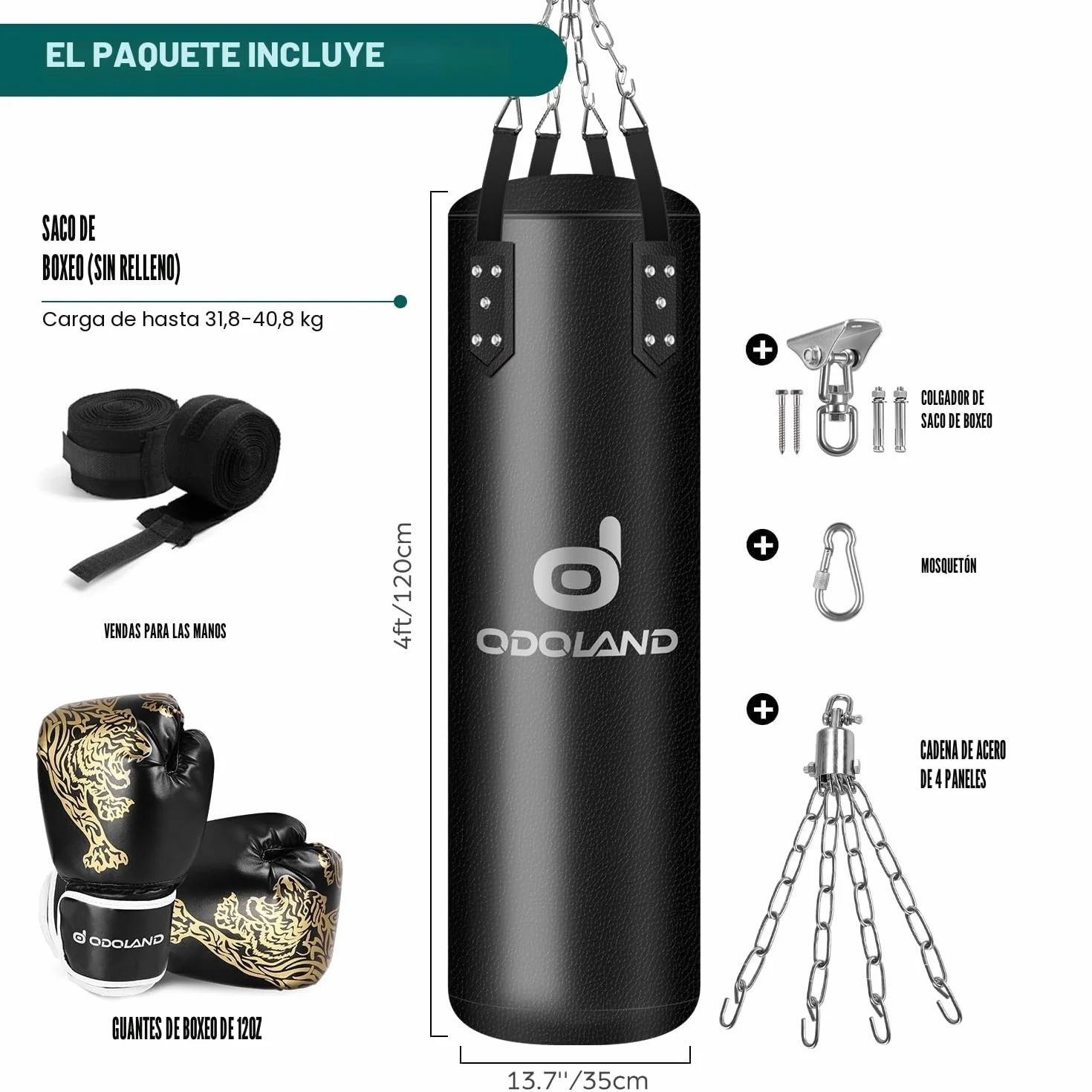 Odoland 6-en-1 Kit de Sacos de Boxeo Sin Relleno 120 cm Bolsa Pesada Kick Boxing 68 kg con Guantes 12 oz Vendajes Cadenas Negro