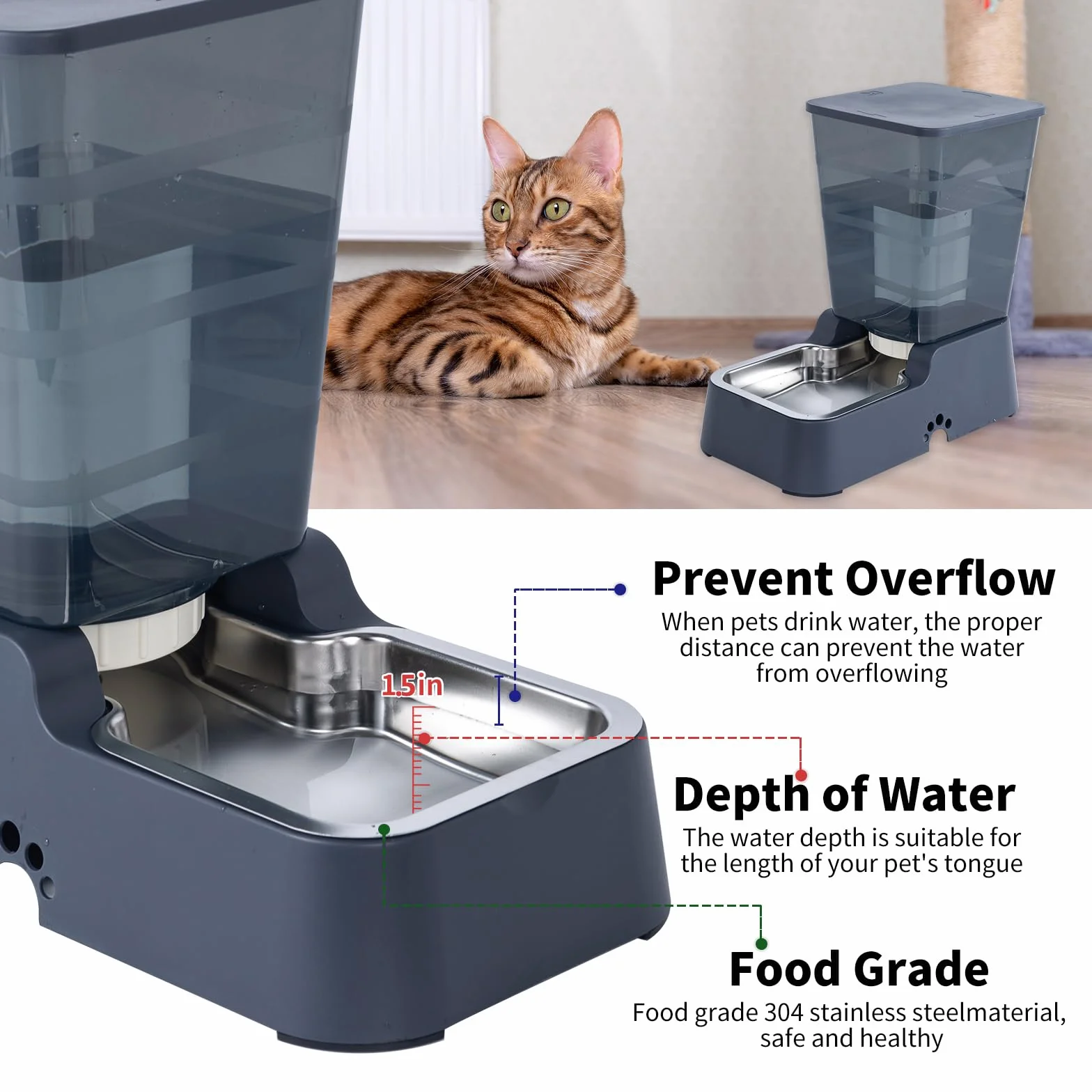Dispensador automático de comida para perros y agua para perros, 5 L, dispensador de comida para gatos y gatos para perros medianos y grandes, gatos y otros animales (juego de 5 L, gris oscuro)