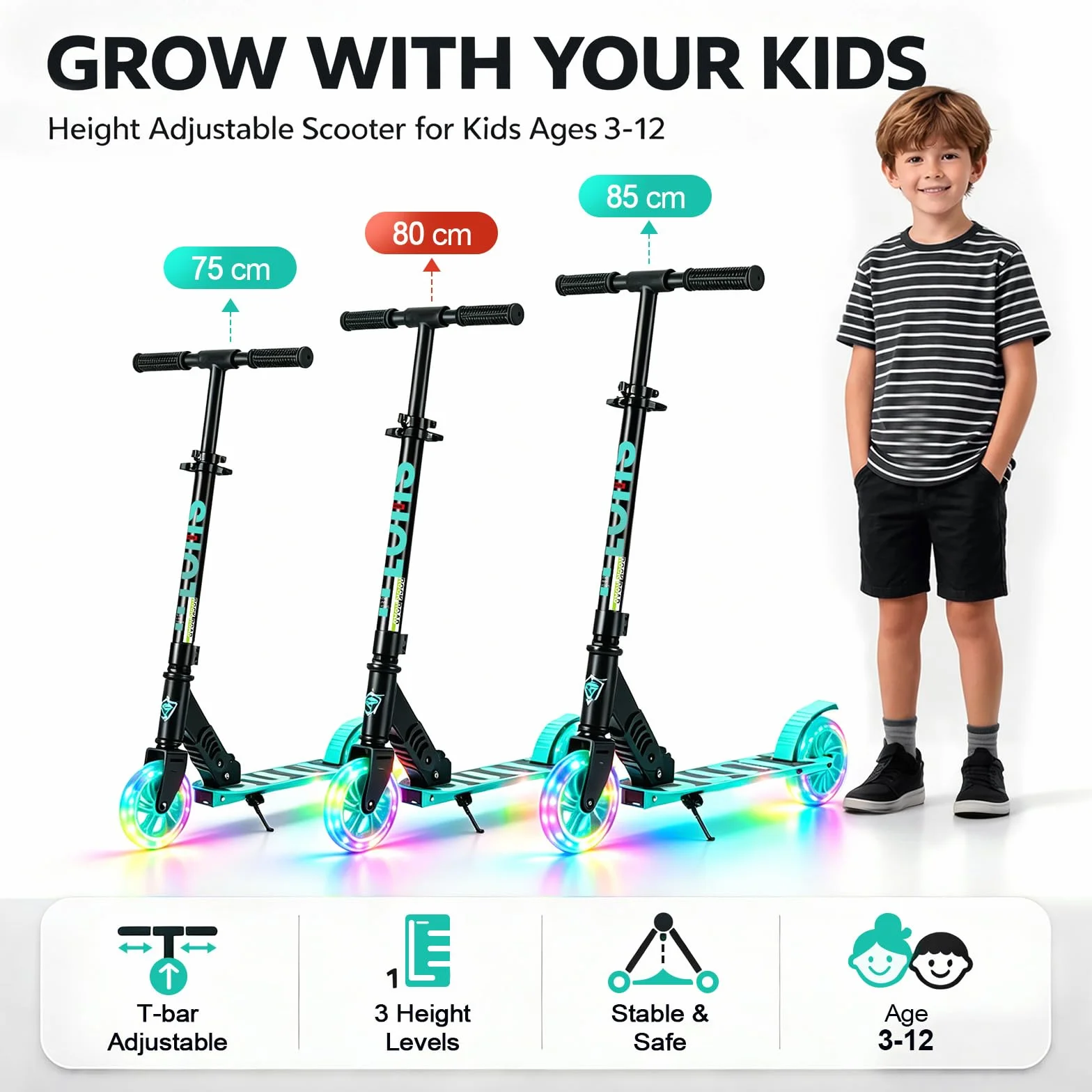 Patinete Niño Grandes Ruedas Iluminadas 145 mm 100 kg Plegable Aluminio