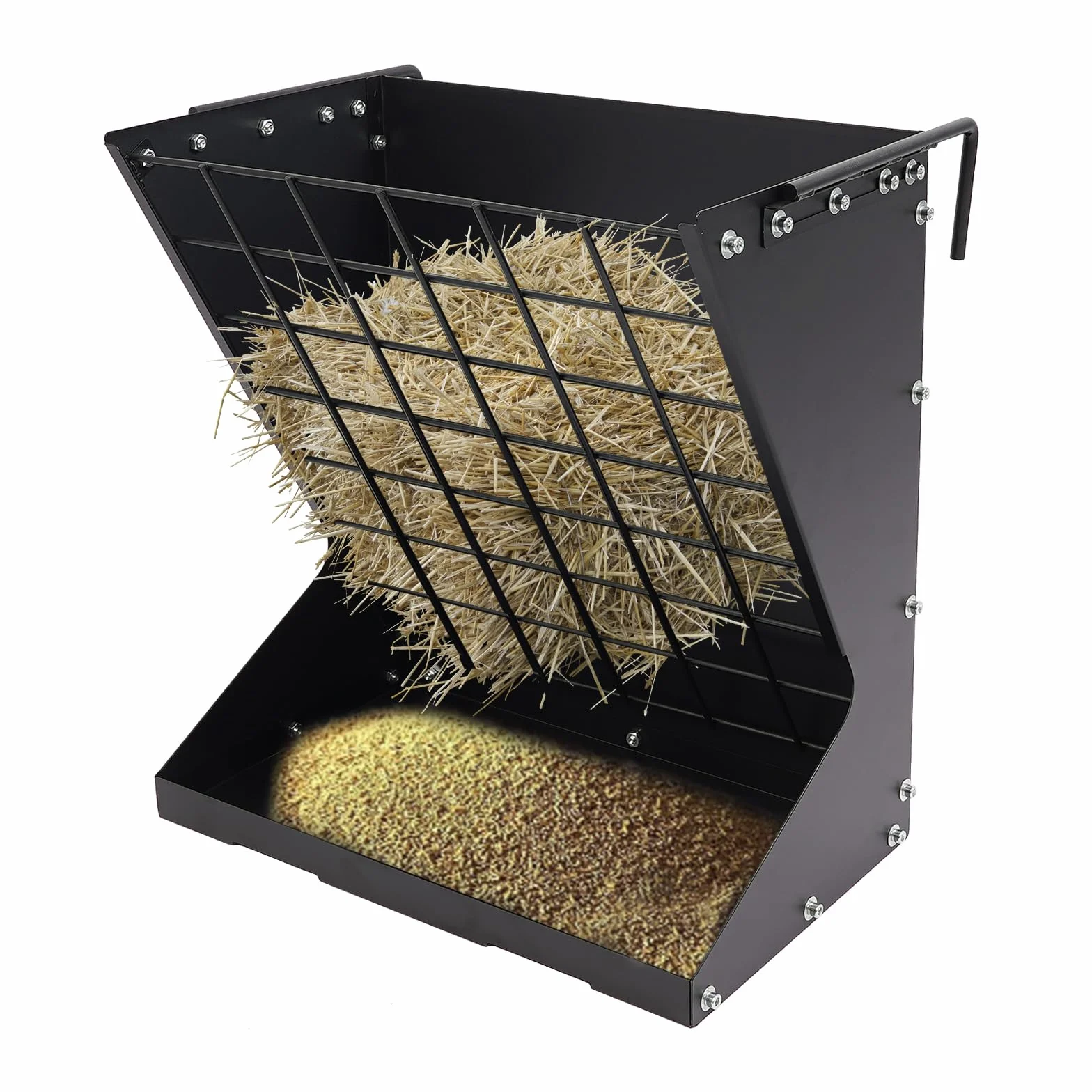 Dispensador de heno de gran capacidad, resistente, con gancho, ideal para ovejas, cabras y caballos (negro)