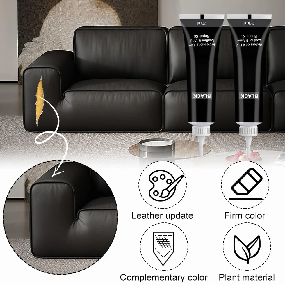 Crema de Reparación de Cuero, Kit de reparación de cuero de 2 piezas para reparar desgarros de muebles, sofá, chaqueta, asiento de barco, negro