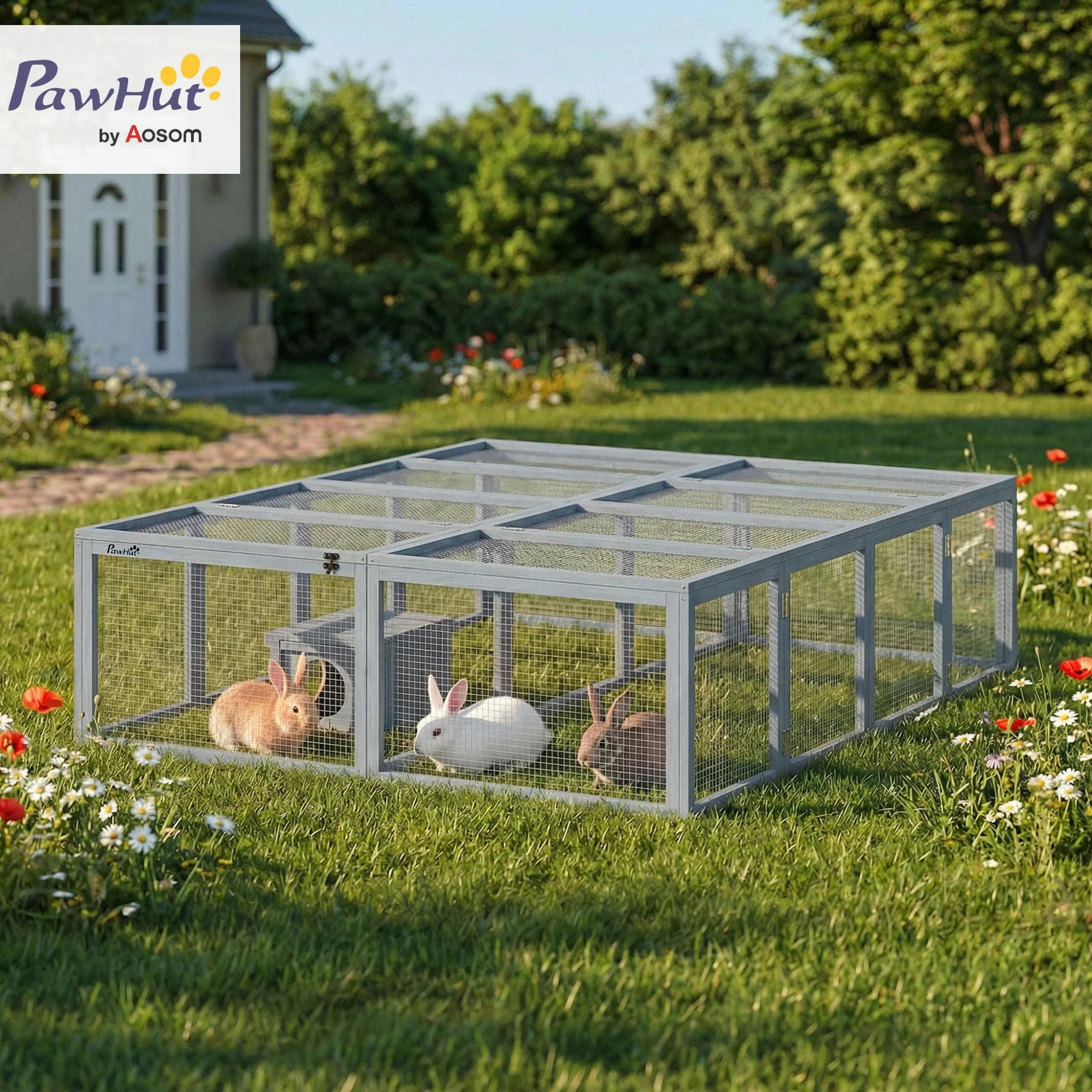 PawHut Recinto con conejera 2 Puertas 180,4x150x48 cm Gris | Conejera de madera con refugio, para 2-4 conejos enanos, cobayas enanas, patos