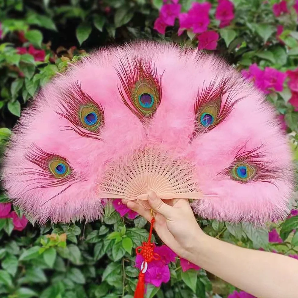 Abanico de plumas de pavo real plegable hecho a mano, decoración de boda, fiesta, baile, cosplay, ventilador portátil (azul)