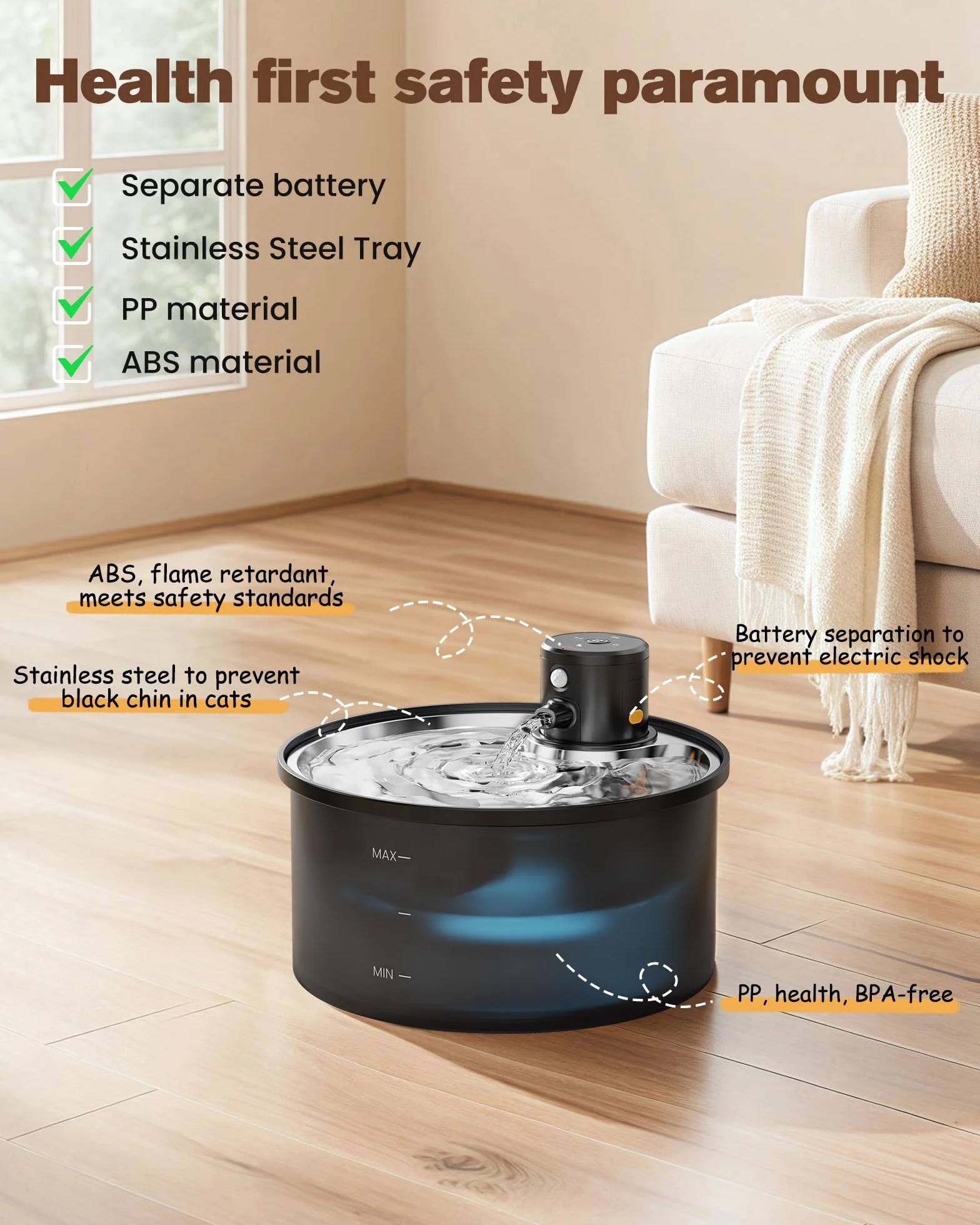 Fuente para Gatos sin Cable: Bebedero Gatos Inalambrico - 3.2L Fuente Gato con Sensor de Movimiento - Automatico Dispensador Agua Gato con Bateria 4000mAh Recargable - Inoxidable Bandeja para Beber