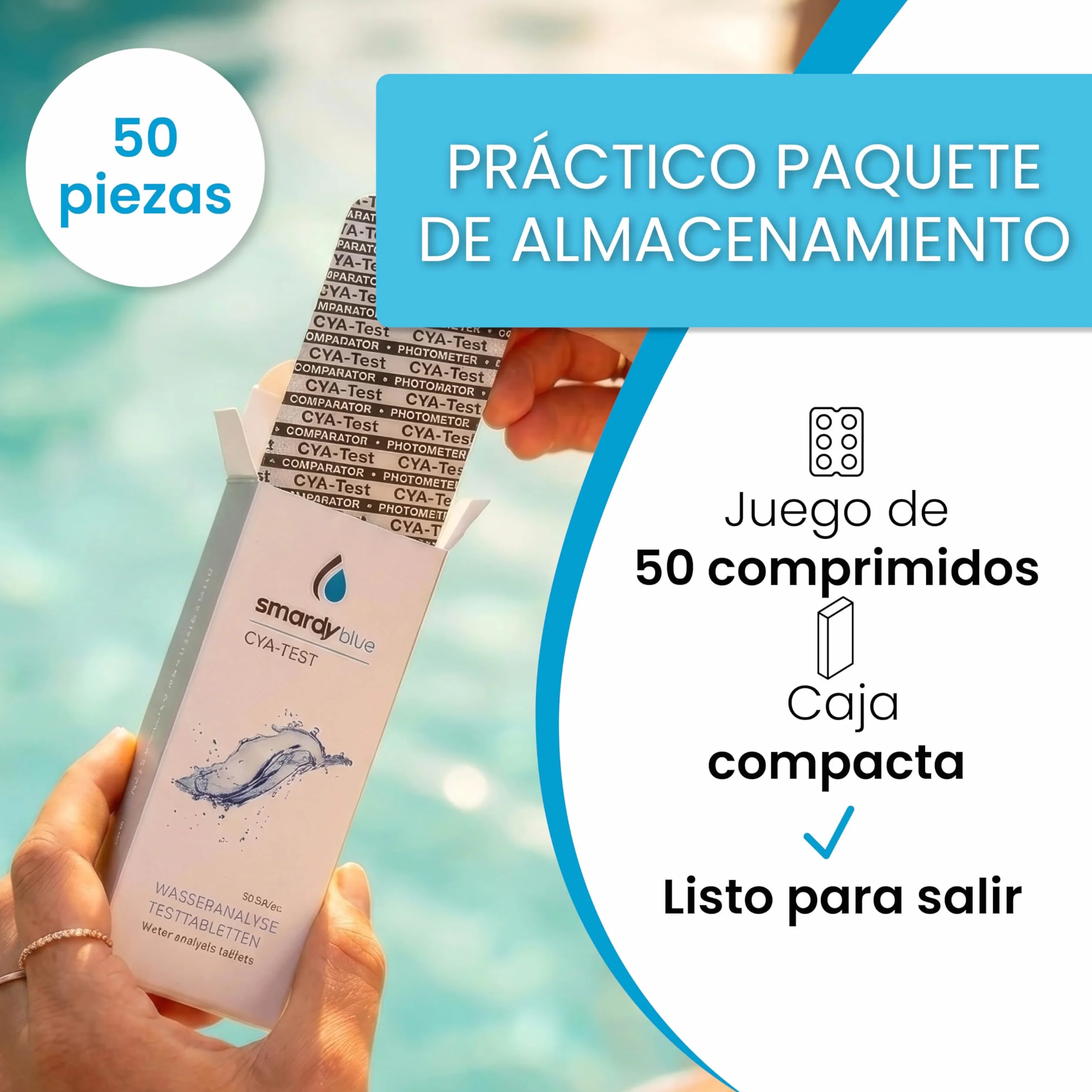 smardy 50 tabletas fotómetro CyA – mide el ácido cianúrico/estabilizador en piscina, spa, jacuzzi y acuario – compatible con PoolLab, SCUBA II, BAYROL y otros medidores electrónicos – Made in Germany