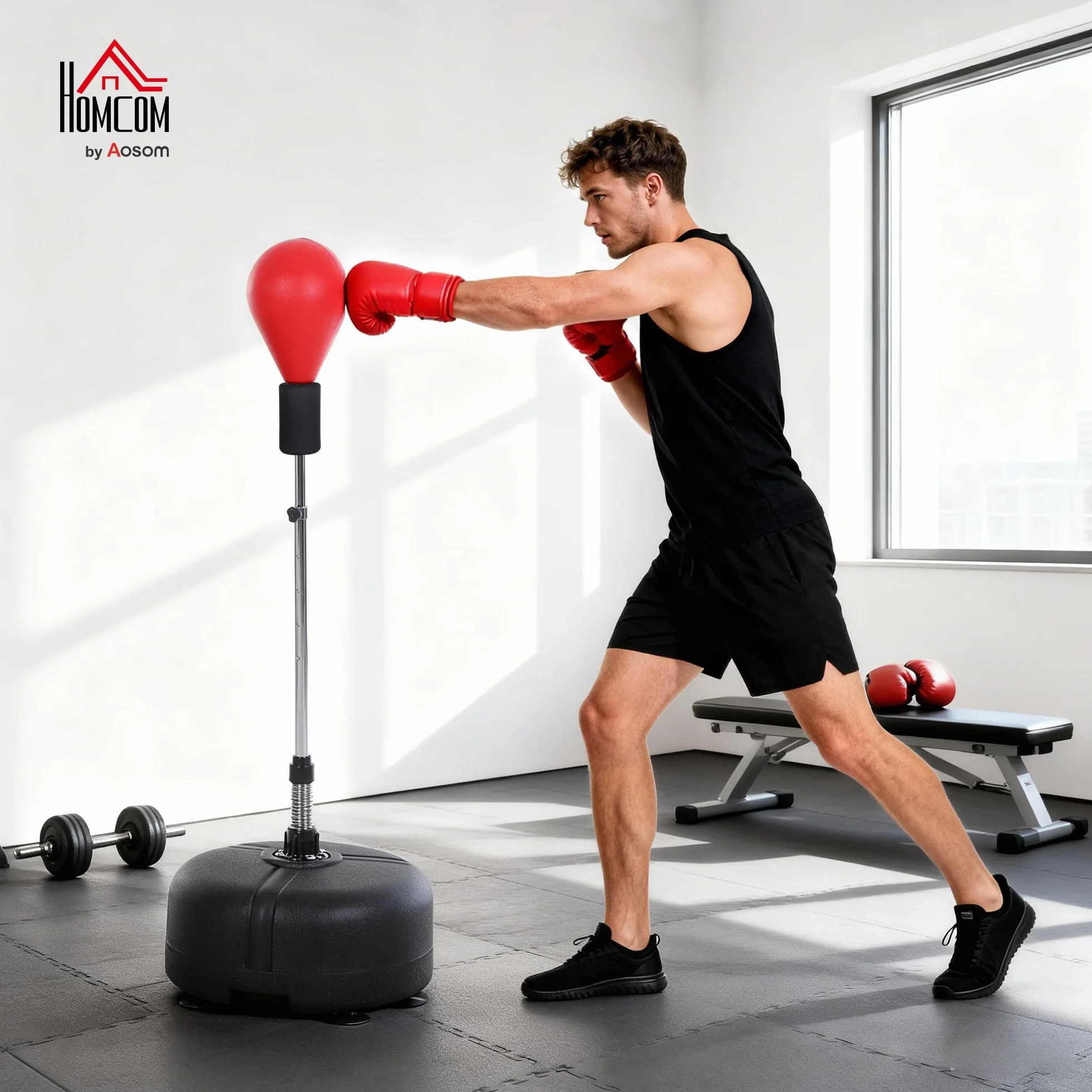 HOMCOM Saco de Boxeo de Pie Punching Ball Altura Ajustable 136-154 cm Base Rellenable Guantes Adultos Adolescentes