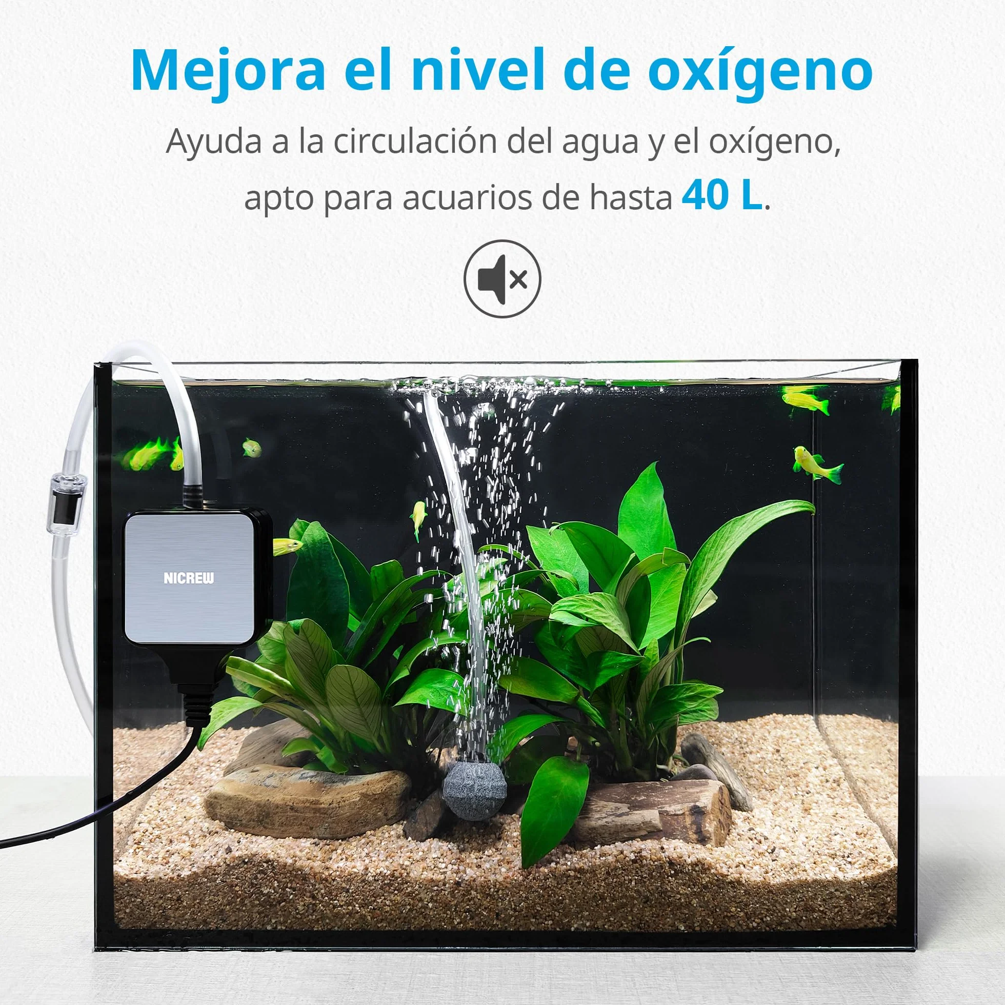 NICREW Oxigenador Acuario Ultra-Silencioso＜33 dB, Nano Bomba de Aire Silenciosa hasta 40 L, Accesorios para Nano Acuario, 18 L/H, 1,5 W
