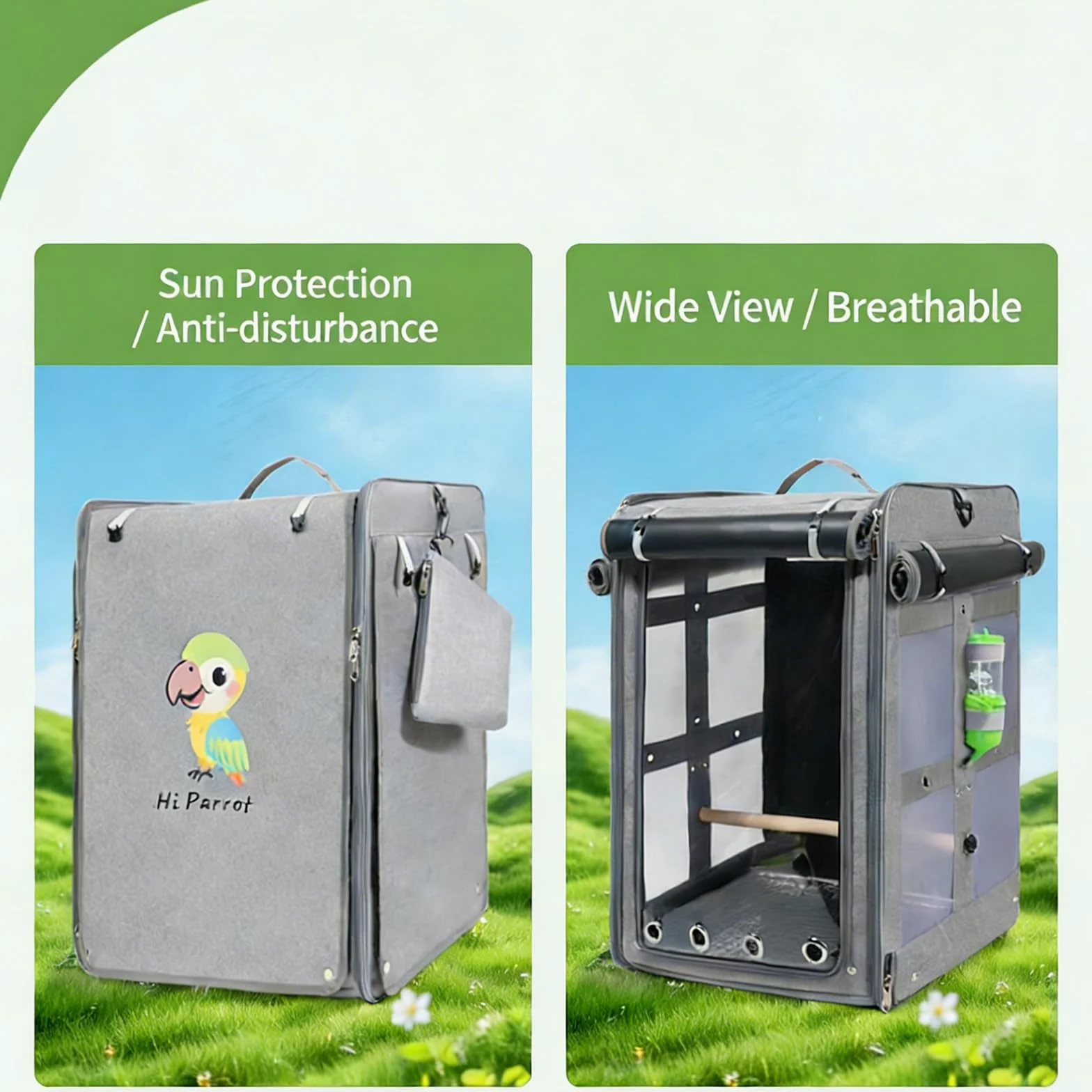 Mochila compacta ventilada para canarios con cuencos extraíbles para alimentos, agua, jaula ligera y plegable para periquitos, incluyendo palo de gallo y taza de comida