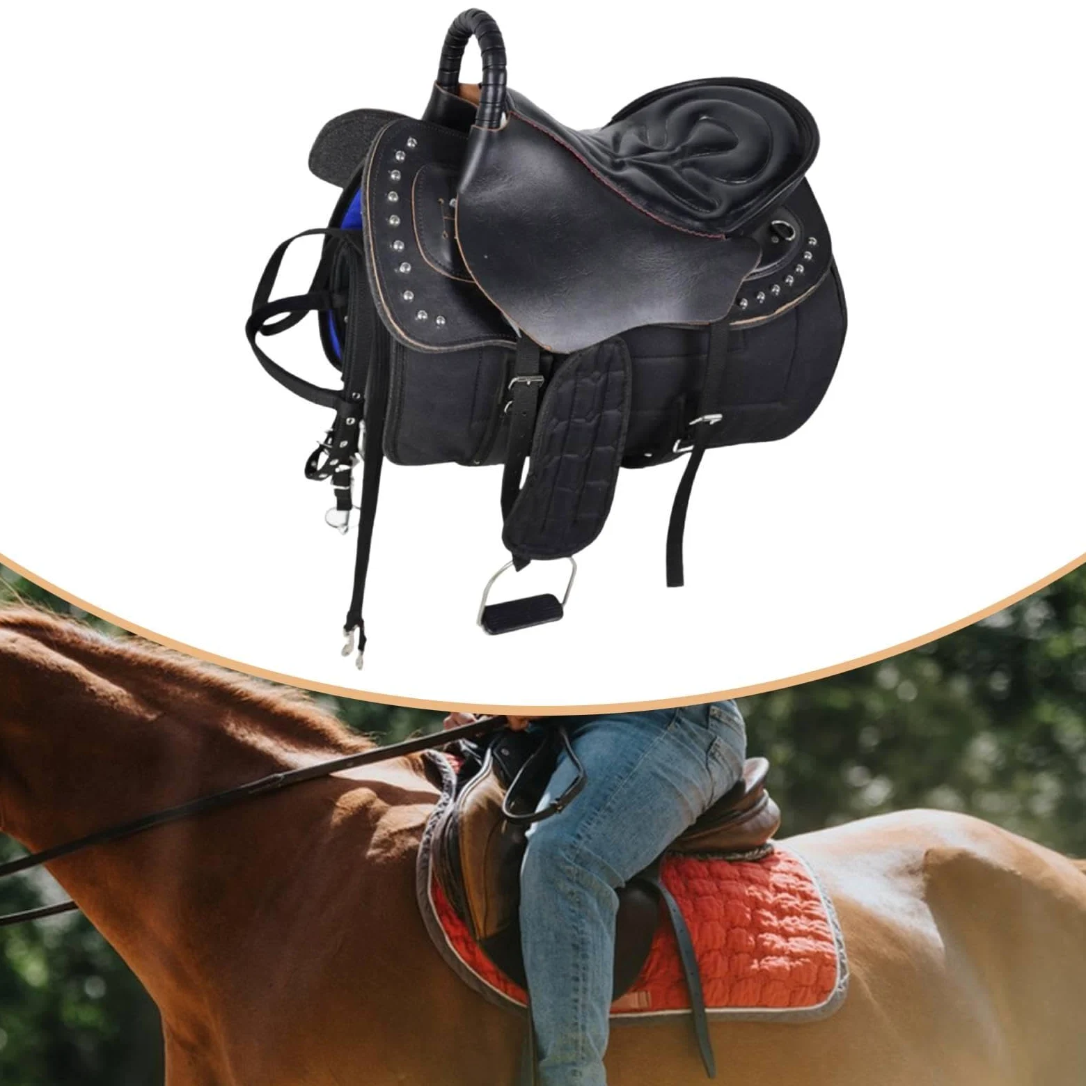 Silla de Montar para Caballo Juego Equipo Ecuestre Multiaccesorios Costuras Reforzadas Antideslizante Adecuado para Jinetes Entrenamiento Domés