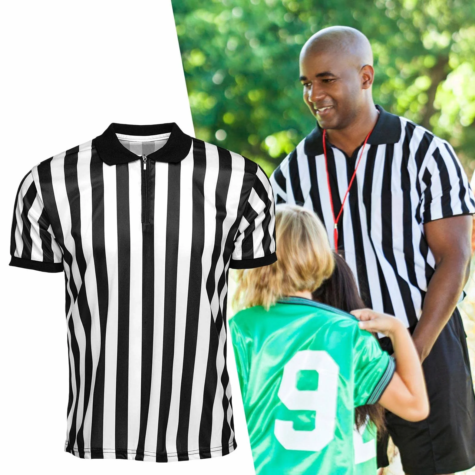 Camiseta de árbitro a rayas blancas y negras, cuello vuelto, manga corta transpirable