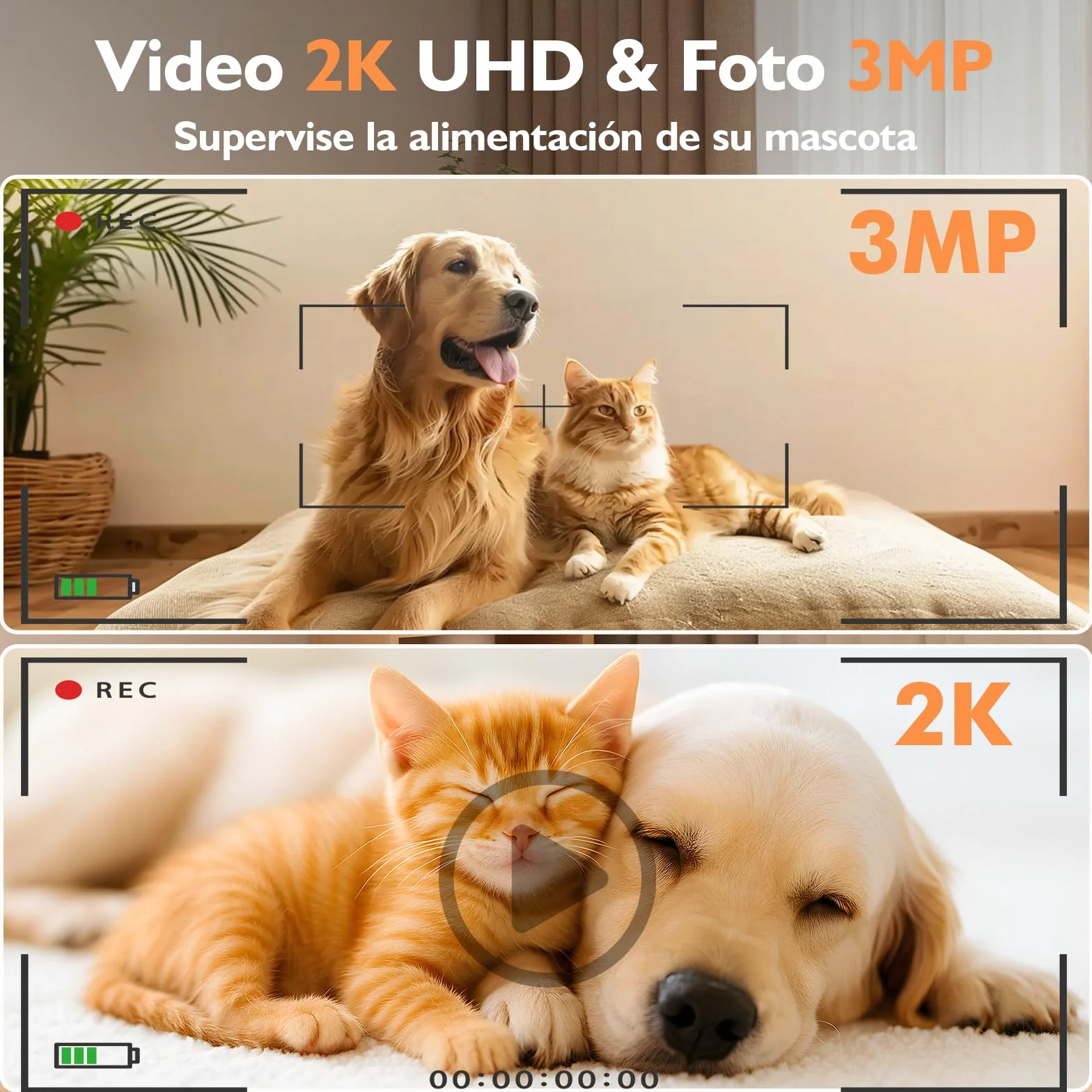 Comedero Automático para Gatos con Cámara 2K HD Visión Nocturna, WiFi 2,4G/5G Control por App, Audio Bidireccional Anti Atascos, Doble Alimentación, Depósito 5L Comida y 4L Agua