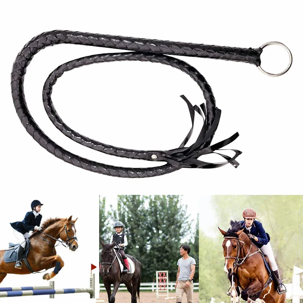 Látigo de equitación de cuero sintético con mango tejido, accesorio de disfraz de Halloween (negro)