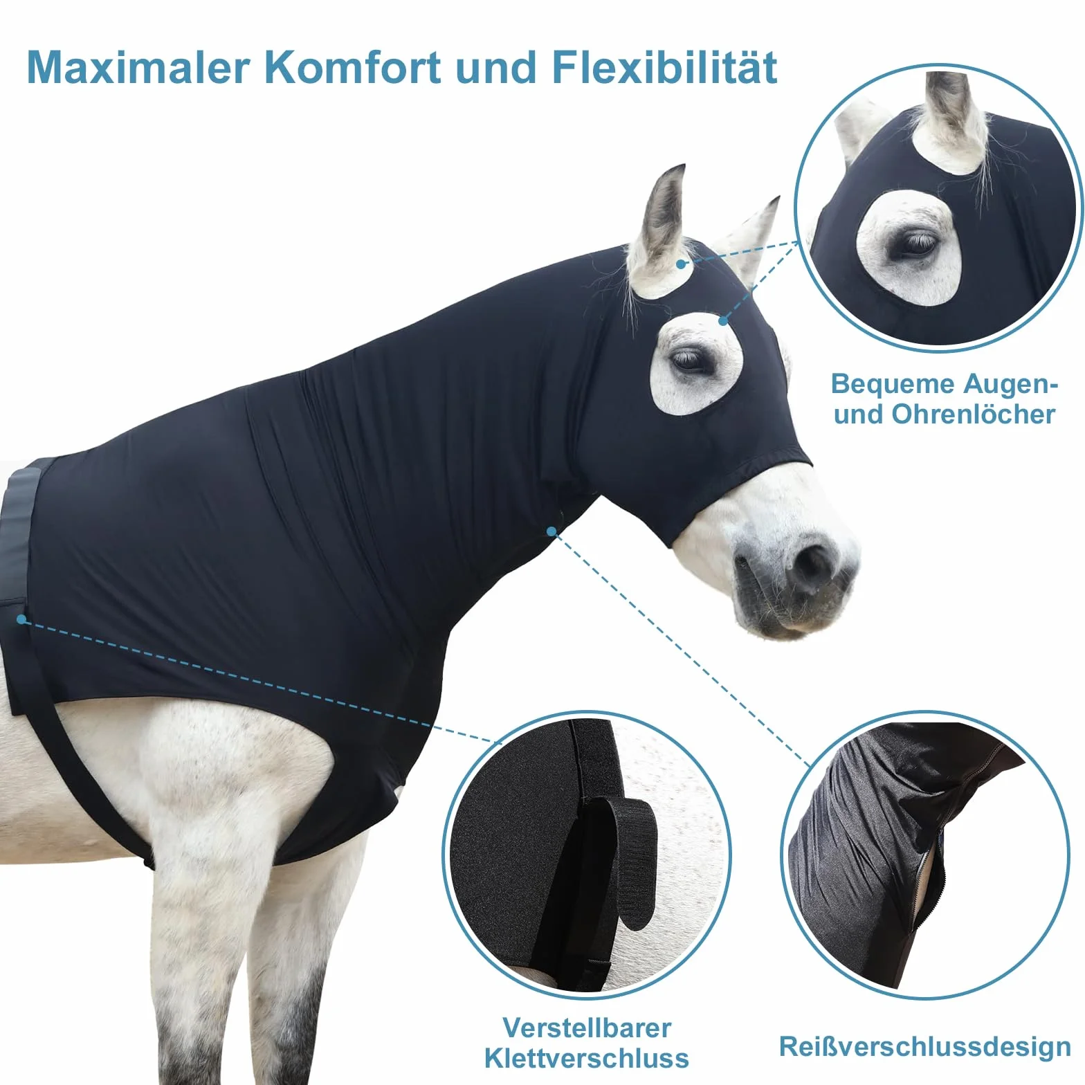 Capucha Elástica con Cremallera para Caballo Protección Cuello y Cabeza