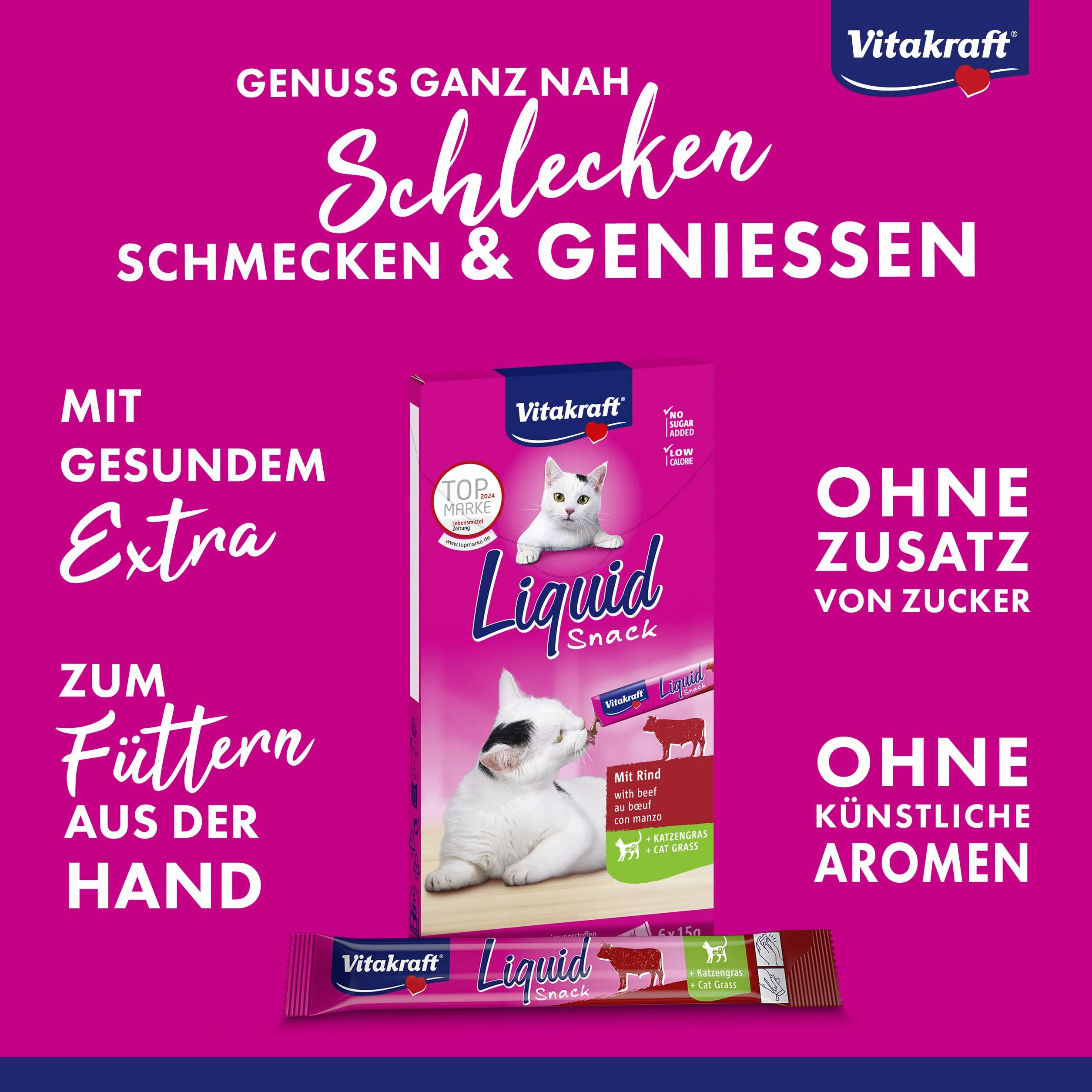 Vitakraft Liquid Snack, golosina para Gatos, Snack cremoso para Gatos, con Carne de Vacuno y Hierba para Gatos, en bolsitas Individuales, para una Flora intestinal Sana (1 Paquete con 6X 15g)