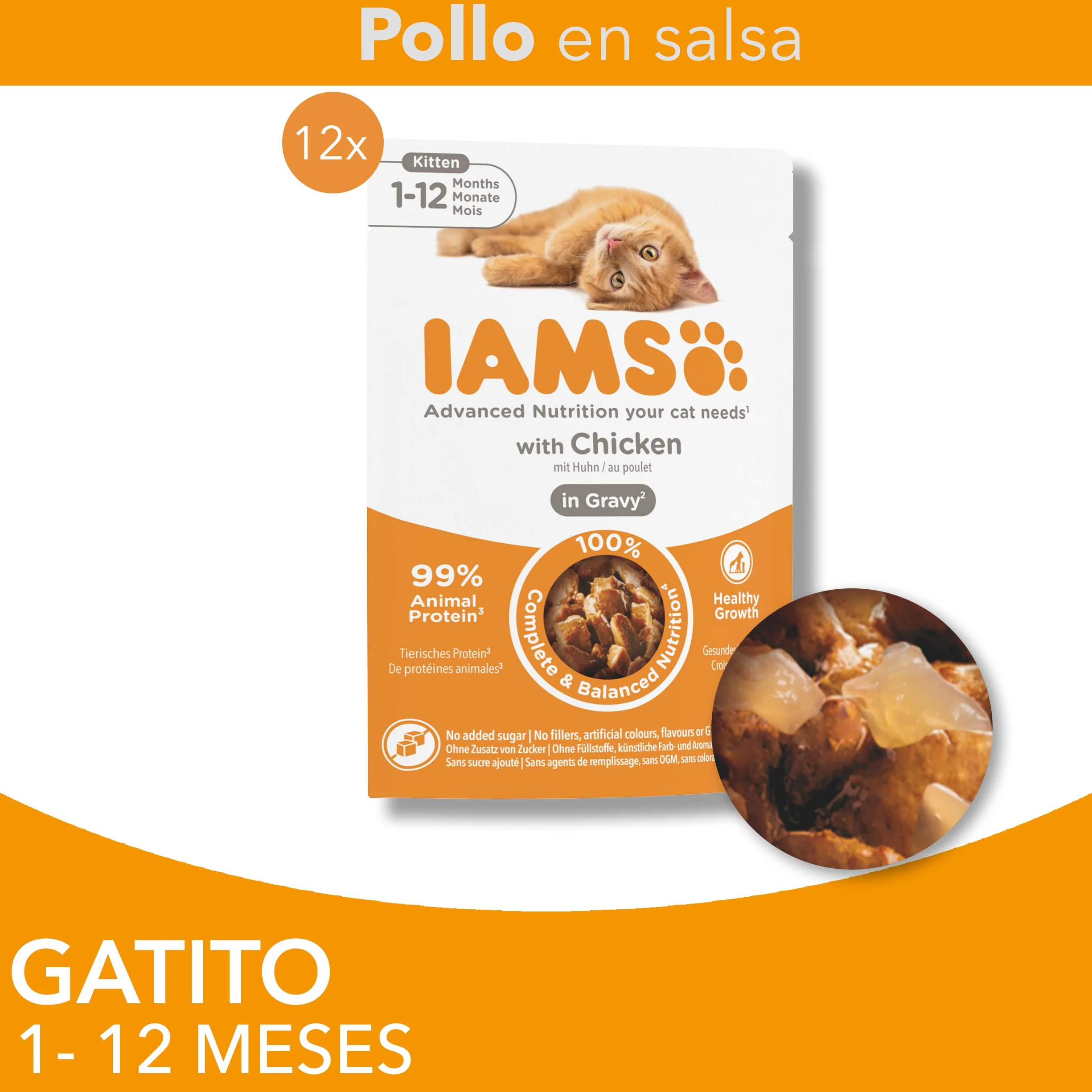 IAMS Advanced Nutrition Alimento húmedo en Salsa, para Gatitos con Pollo, 12 x 85g