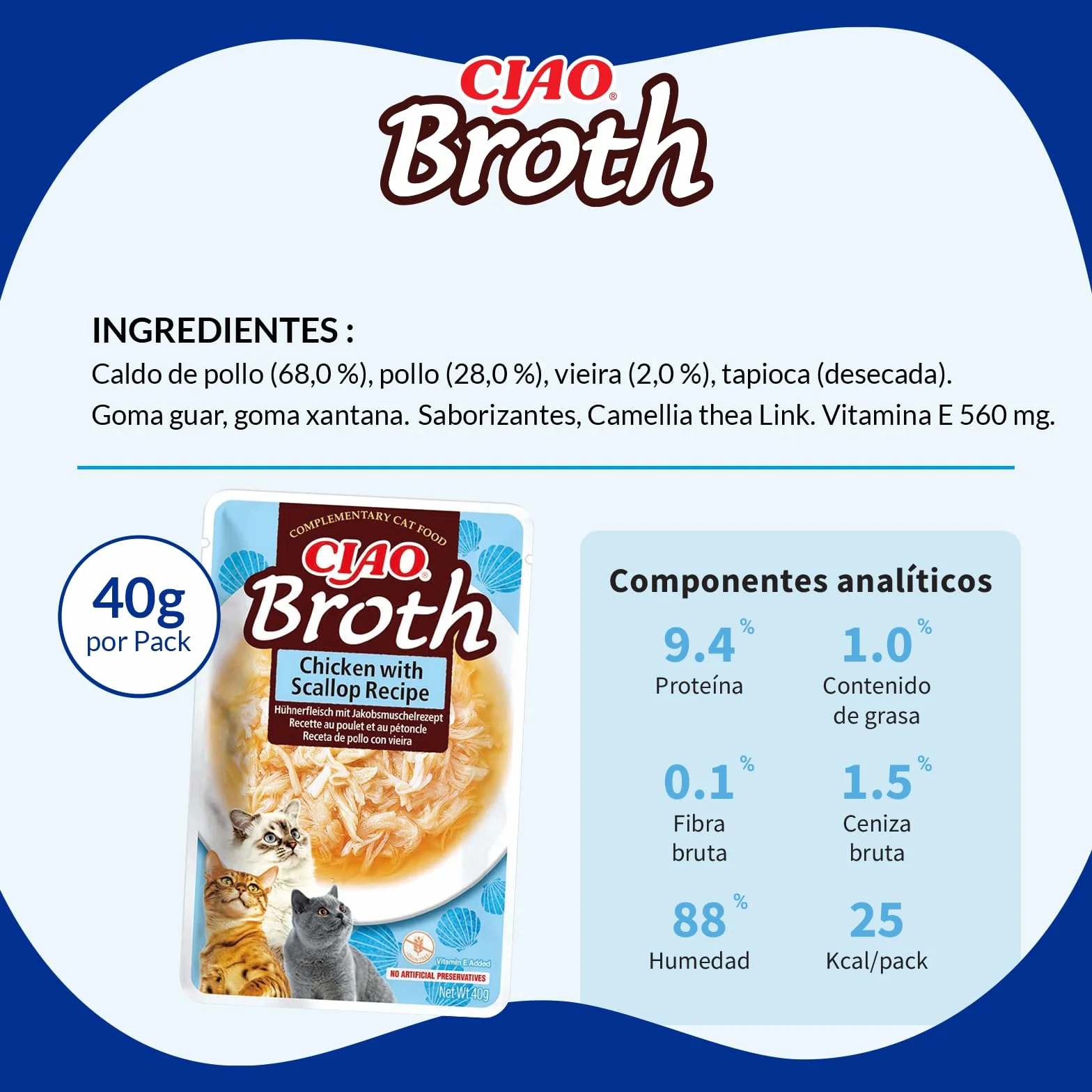 INABA Ciao Broth Gatos - Caldo Receta Pollo y Vieira - Premios Saludables con Proteínas Animales - Snacks Sin Cereales, Sin Conservantes, Sin Colorantes - Sólo 16Cal - 40g