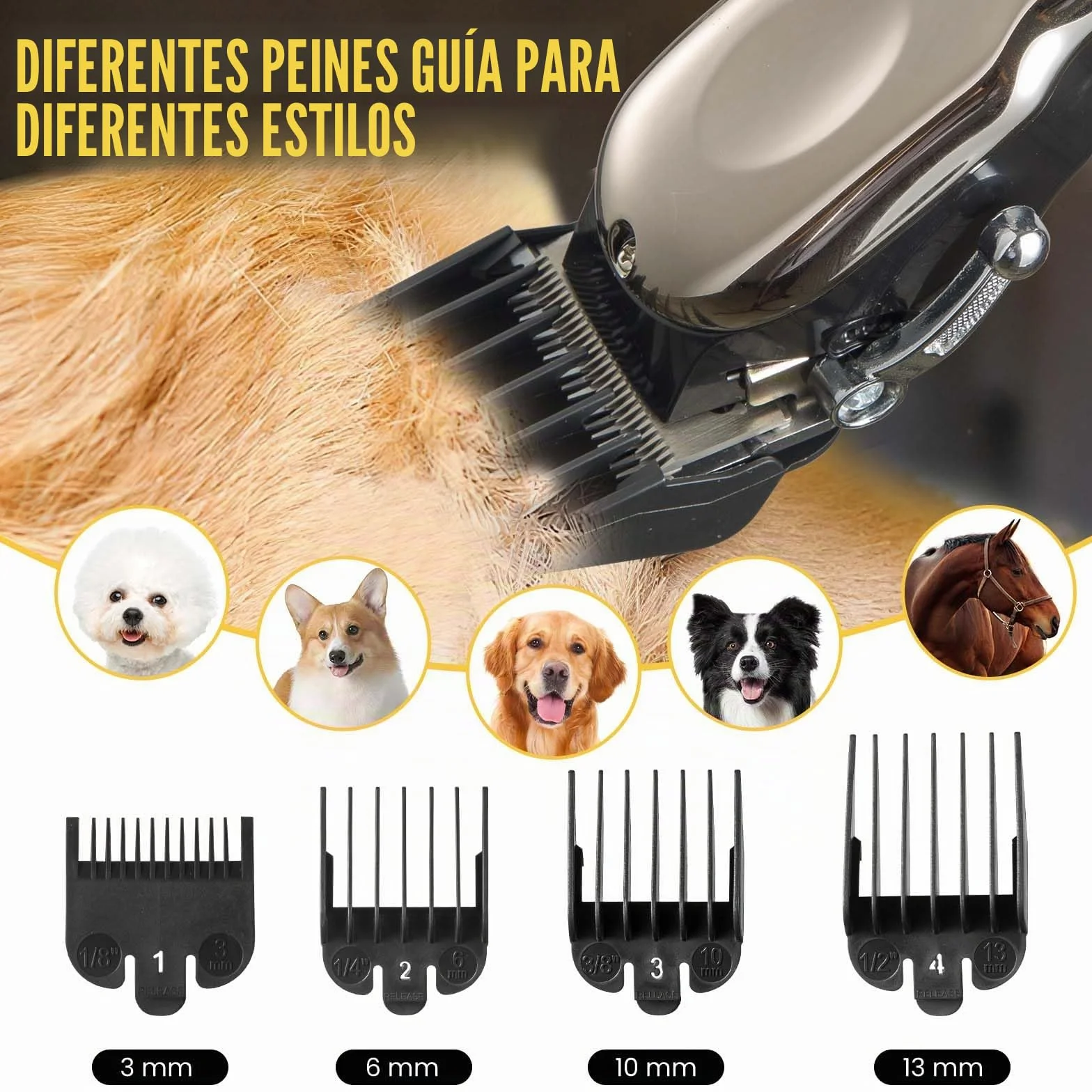 Esquiladora Caballos Inalámbrico - Maquina de Cortar Pelo Caballos Profesional Con 4 Peines Guía - Kit de Aseo Eléctrico Recargable para Caballos y Perros Gatos Mascotas