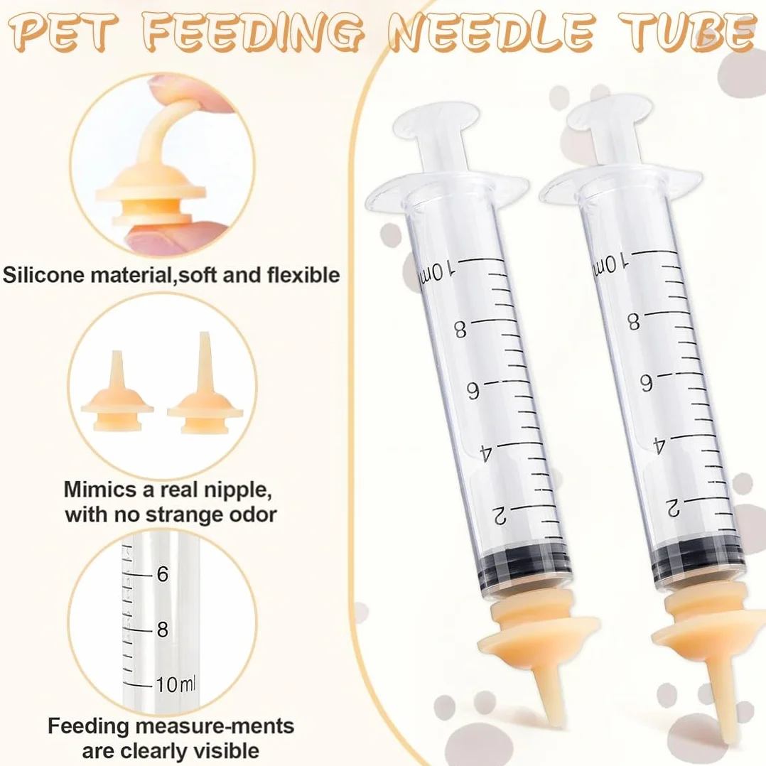 10 Piezas Unidades Kitten Feeding Kit, Syringes & Nipple Set para Gatitos, Biberon Gatos Recien Nacidos, 2 Jeringas de alimentación y 8 Pezones de Silicona, Cachorros y Suministros Reutilizables