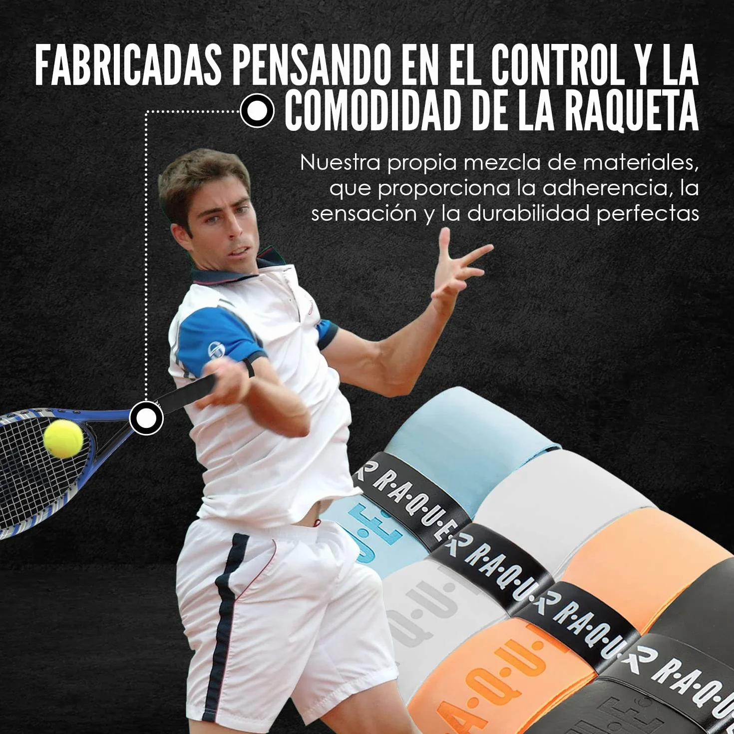 Raquex Grip Autoadhesiva para Raqueta: Pádel, Tenis, Bádminton, Squash - Pegajoso, Duradero, Absorbente, 14 Colores
