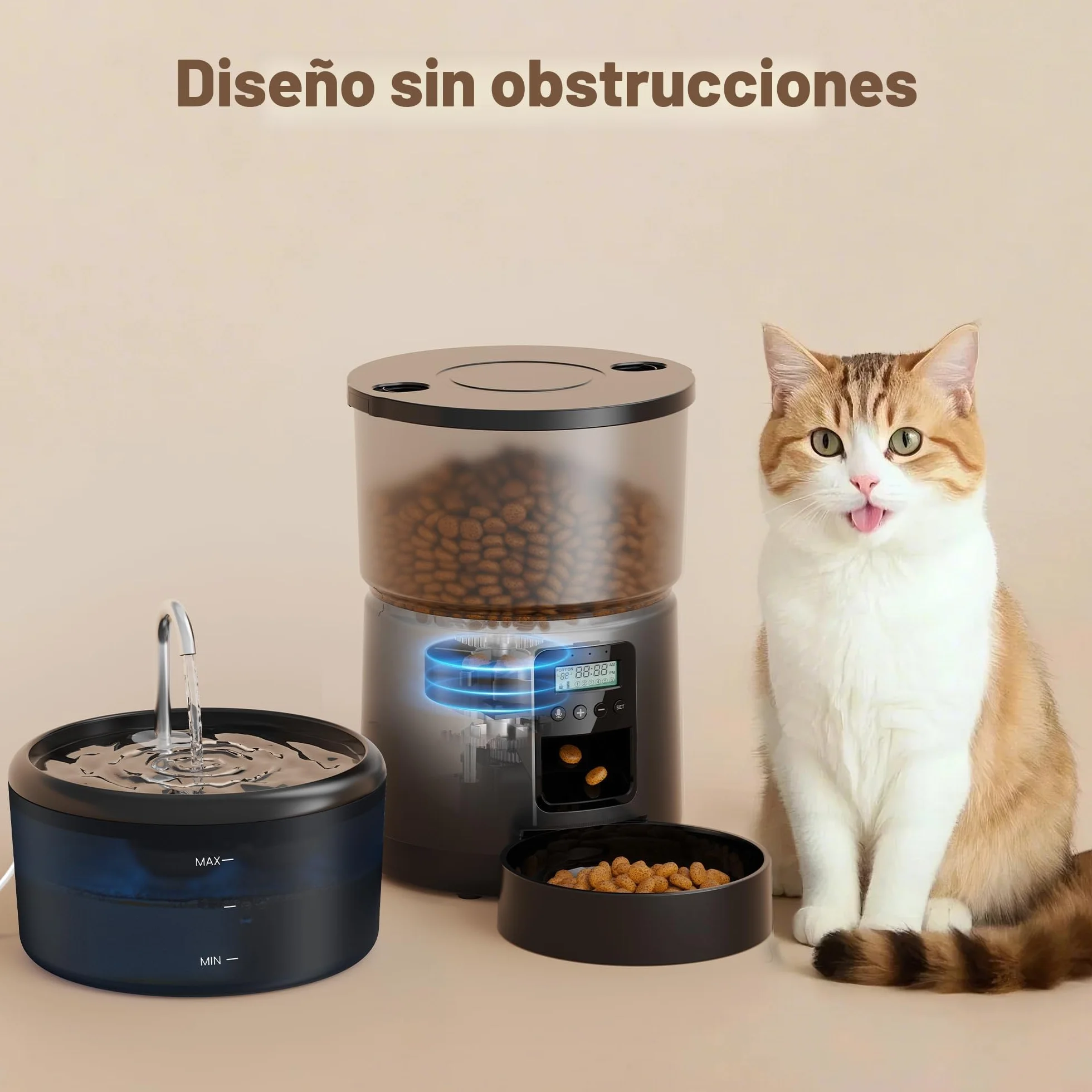 Comedero Gato Automatico y Fuente para Gatos: Dispensador Comida Gatos con Programable Temporizador 6 Comida al Día - 3L Alimentador Perro y 2.4L Bebedero para Pequeño/Mediano Mascota - 10S Grabación