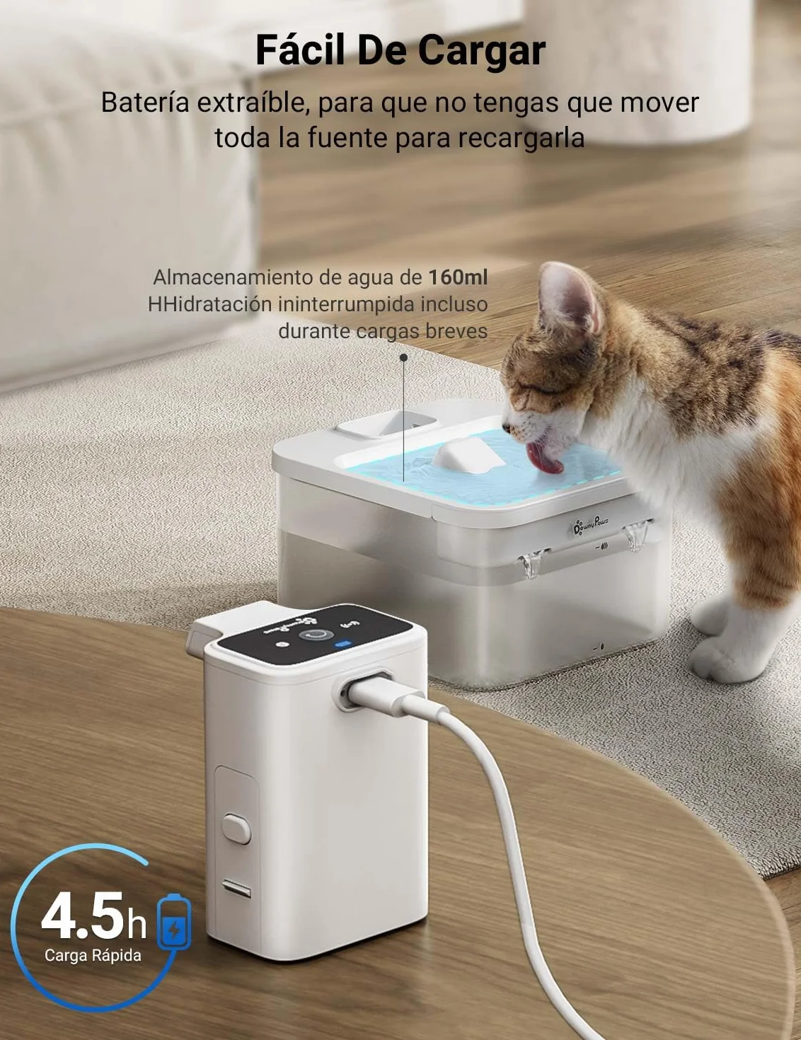 DownyPaws Fuente para Gatos Sin Cable, 2.5L Bebedero Gato con Sensor de Movimiento, Fuente Agua Gato Inalámbrica, Batería Recargable 4000mAh, Bomba de Agua Silenciosa, Blanco