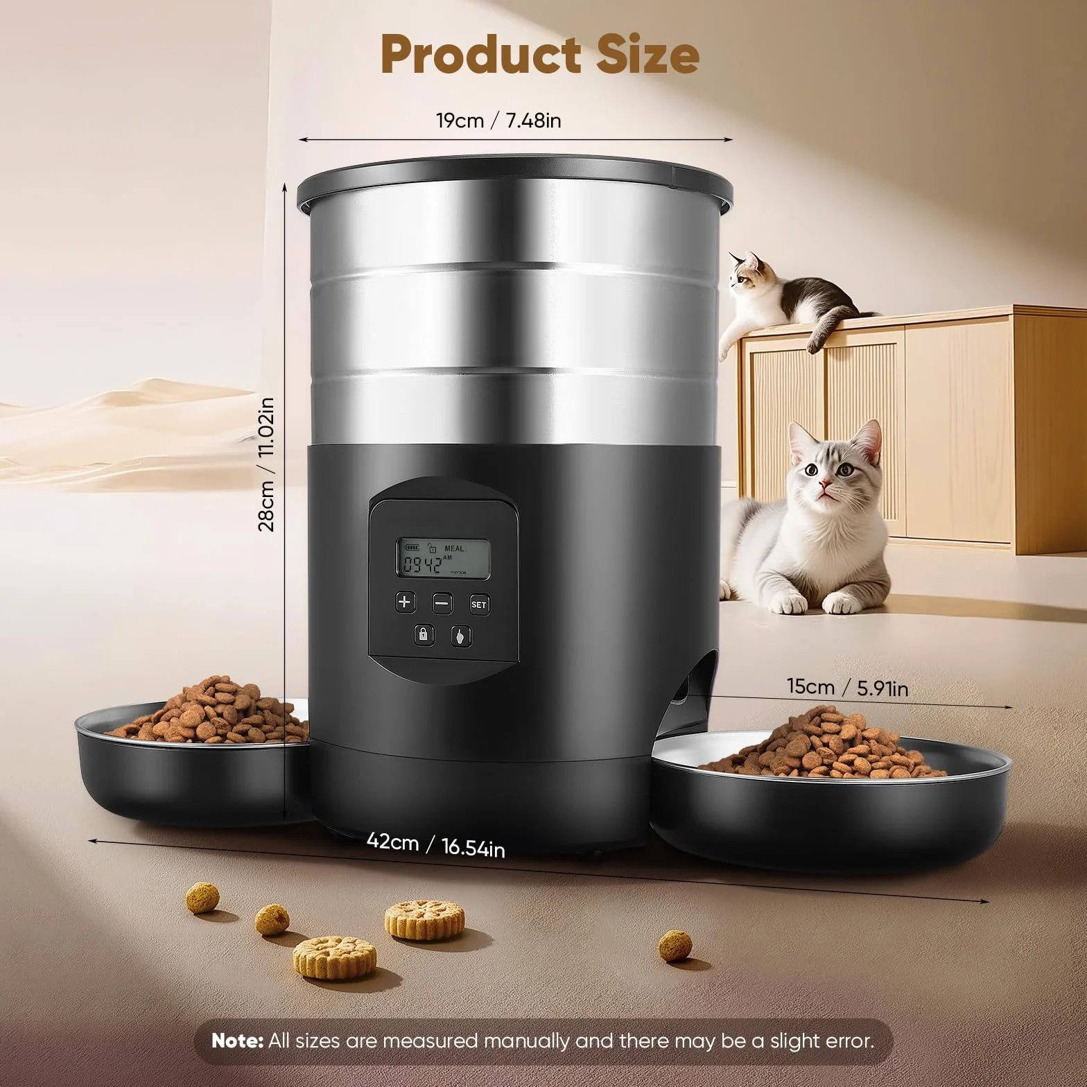 Comedero Automático Gatos 5L con 2 Cuencos, WiFi 2.4G & App Temporizador, Dobles Cuencos Interior Comedero Inteligente, Alimentación Doble con Control de Botones