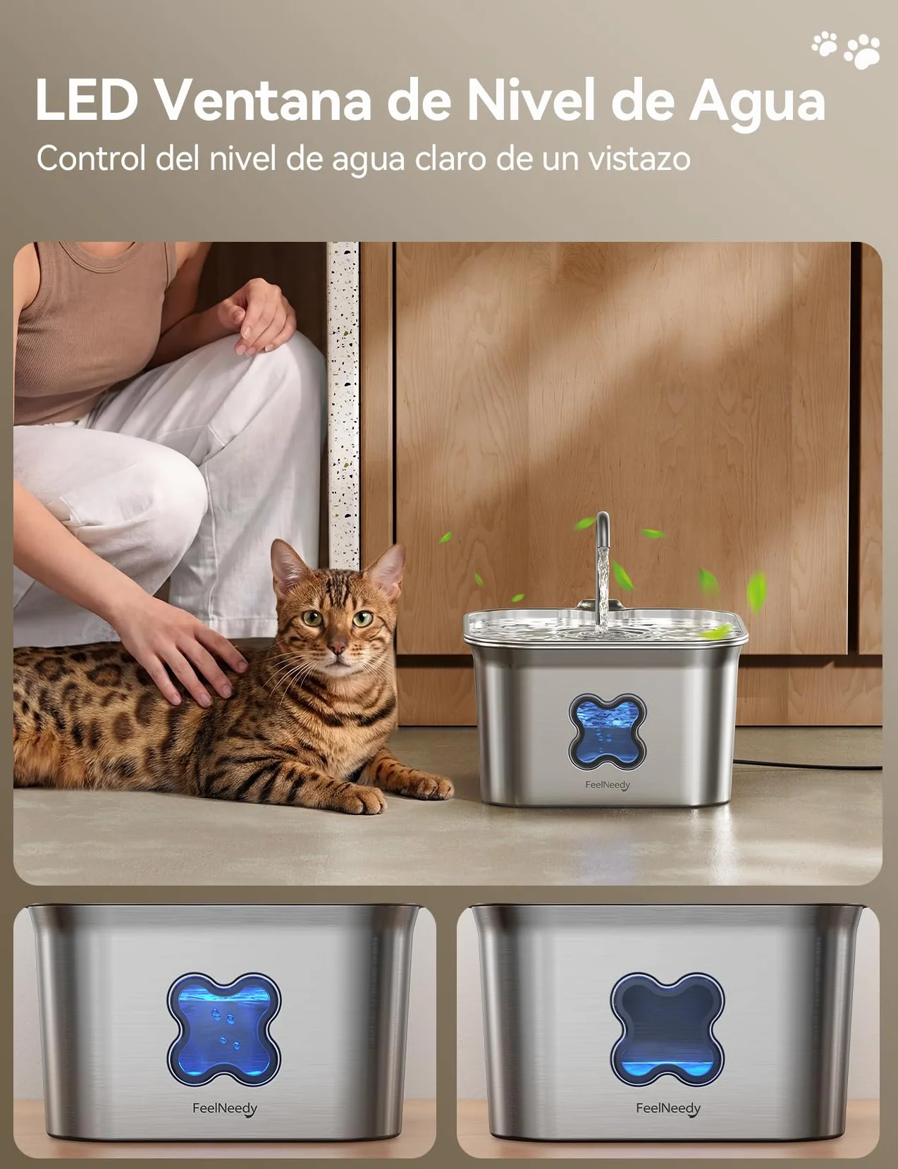 FEELNEEDY Fuente para Gatos Acero Inoxidable 2,8L, Bebedero Gatos con Cable y Filtración de Cuatro Capas, Fácil de Limpiar, Apta para Lavavajillas