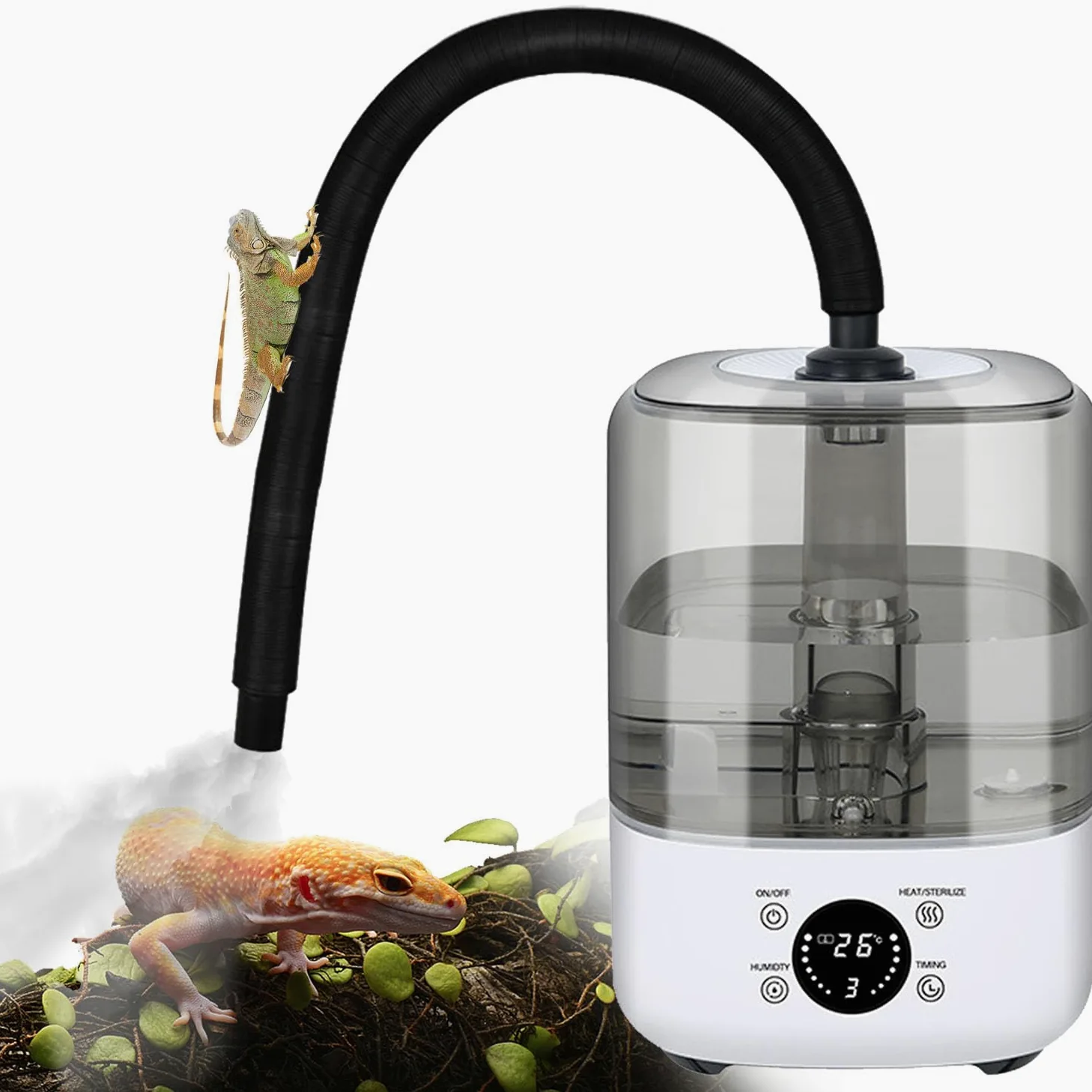 Humidificador para reptiles de 5 l, relleno superior ajustable para terrarios, anfibios, hierbas con manguera de extensión, fabricante de niebla multifuncional para el hogar