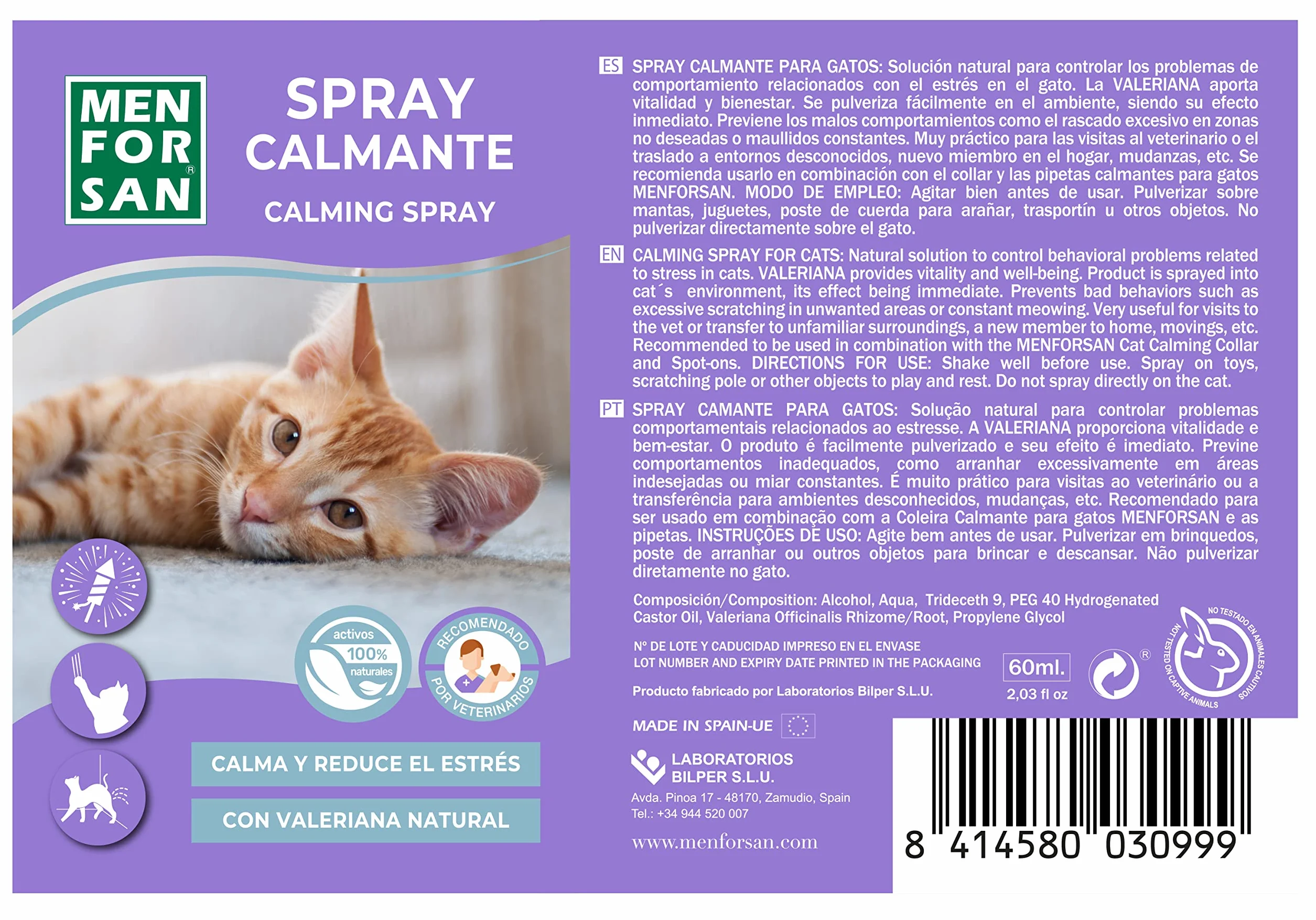 MENFORSAN Spray calmante para Gatos | con Valeriana Natural | Calma y Reduce el Estrés | Efecto Inmediato | 60 ml