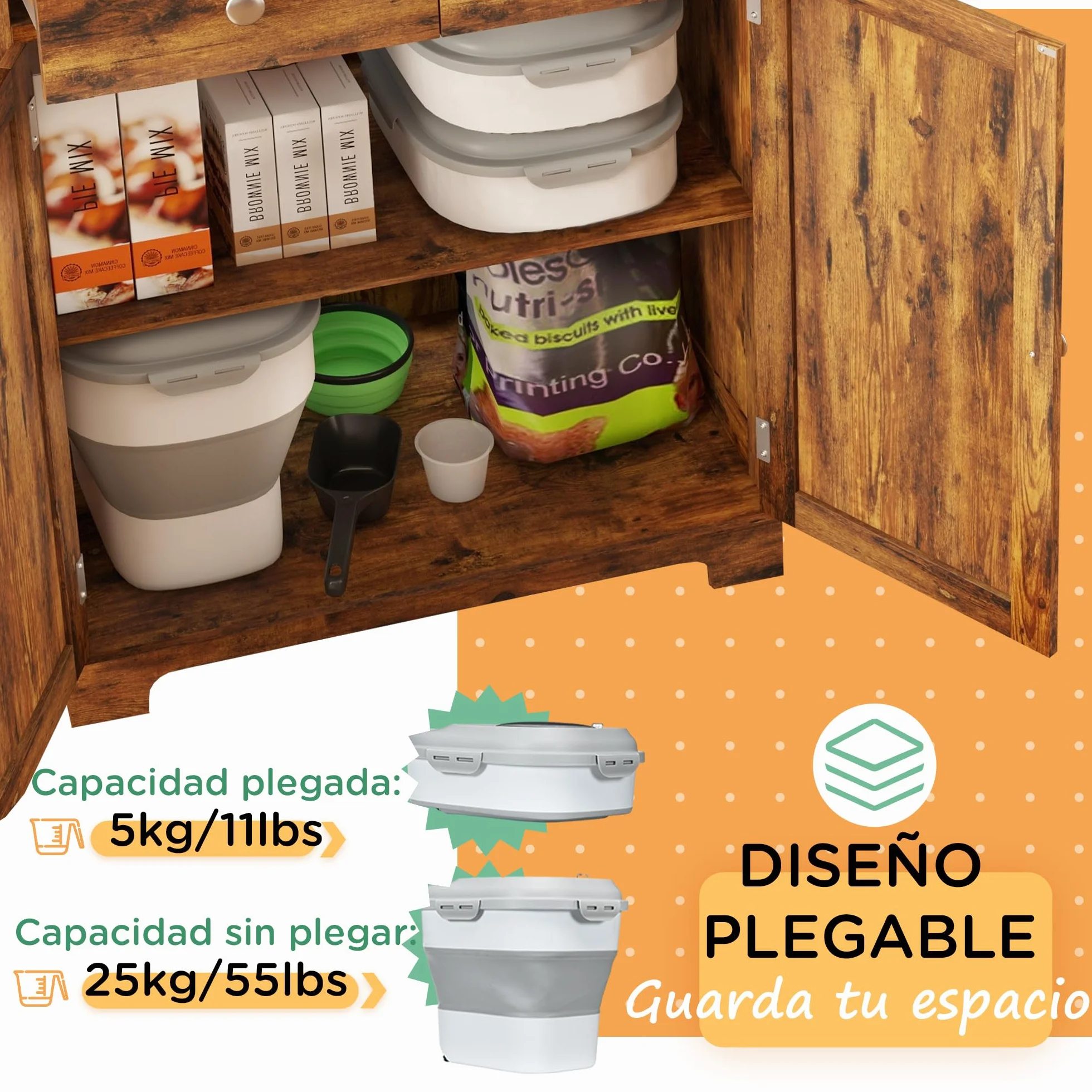 PawHut Contenedor de Comida para Perros Plegable 25L Contenedor de Pienso con Ruedas Taza Medidora Cuenco Plegable y Cuchara Contenedor de Comida para Mascotas Gatos Gris