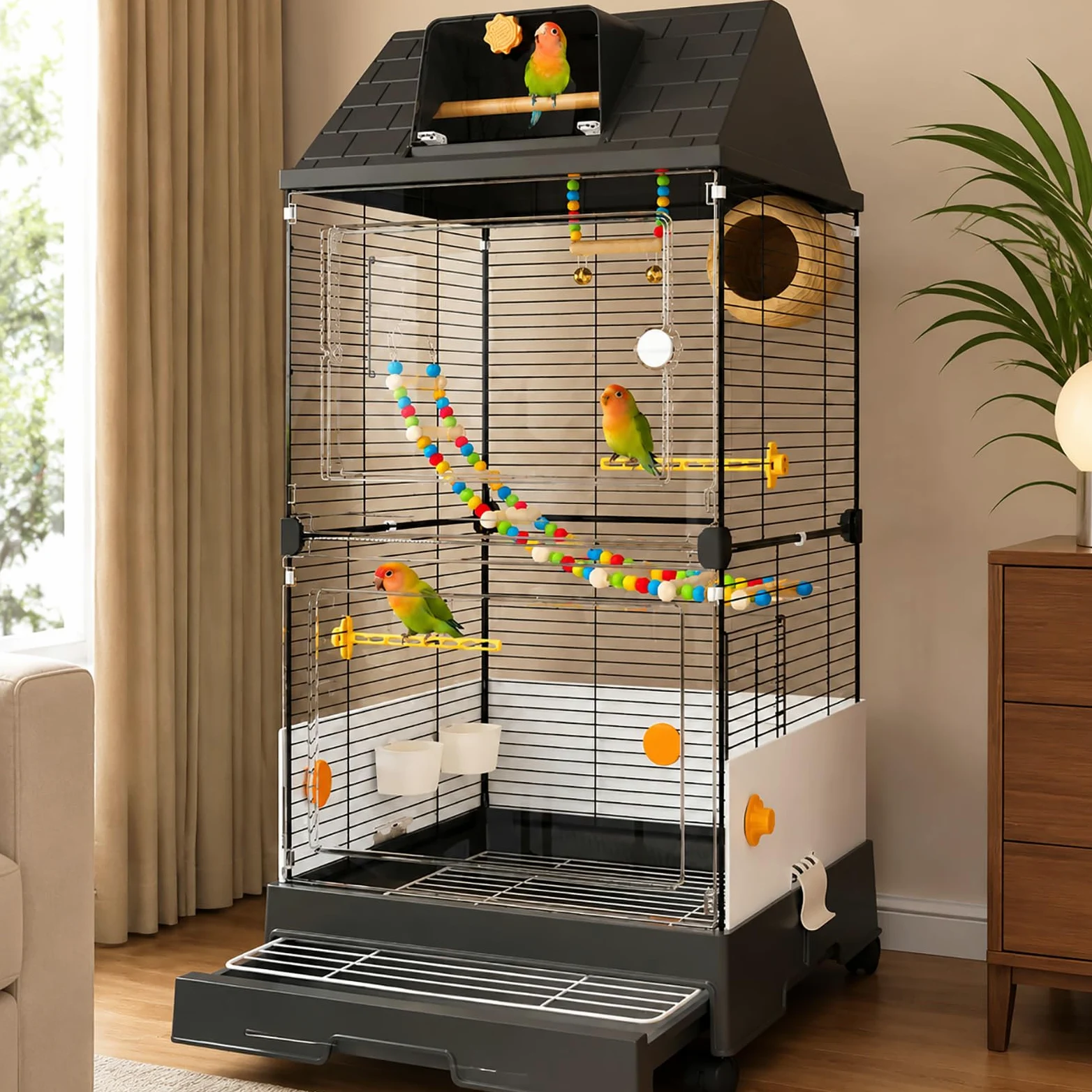 Jaula para Pájaros Moderna con Vista Panorámica 98cm, Aviario Interior con Bandeja Extraíble para Periquitos, Cacatúas, Canarios, Agapornis y Aves Pequeñas Black