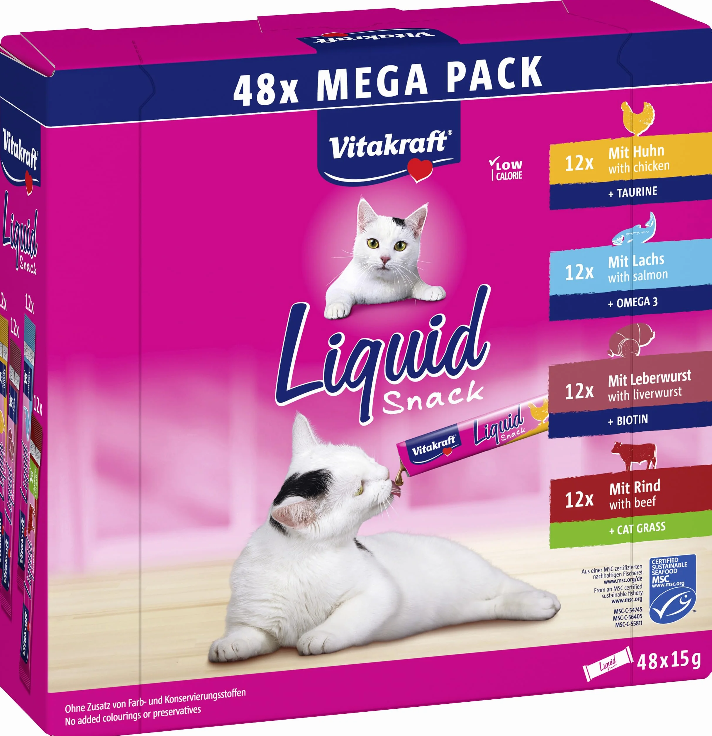 Vitakraft Liquid Snack para gatos, golosinas para gatos en Mega Pack, textura cremosa, con ternera, con pollo, con salmón, 1 paquete de almacenamiento (48x 15g)