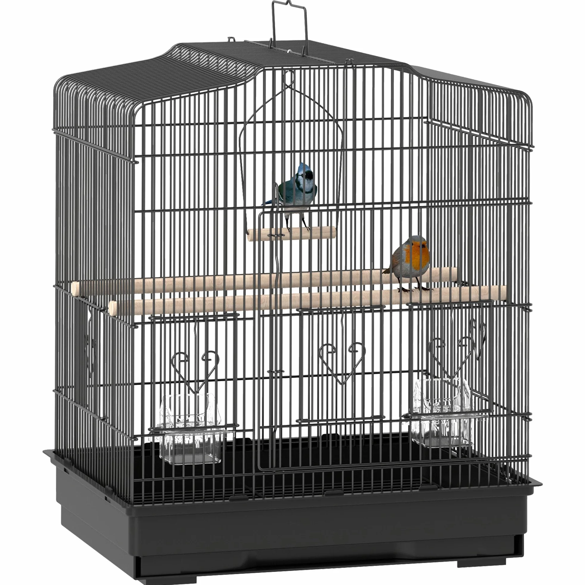 PawHut Jaula para Pájaros, Jaula de Acero para Pájaros con Puertas, 2 Comederos, 2 Perchas, Columpio, Bandeja Extraíble y Asa de Transporte, para Loro, Canario, Periquito, 46,5x36x59 cm, Negro