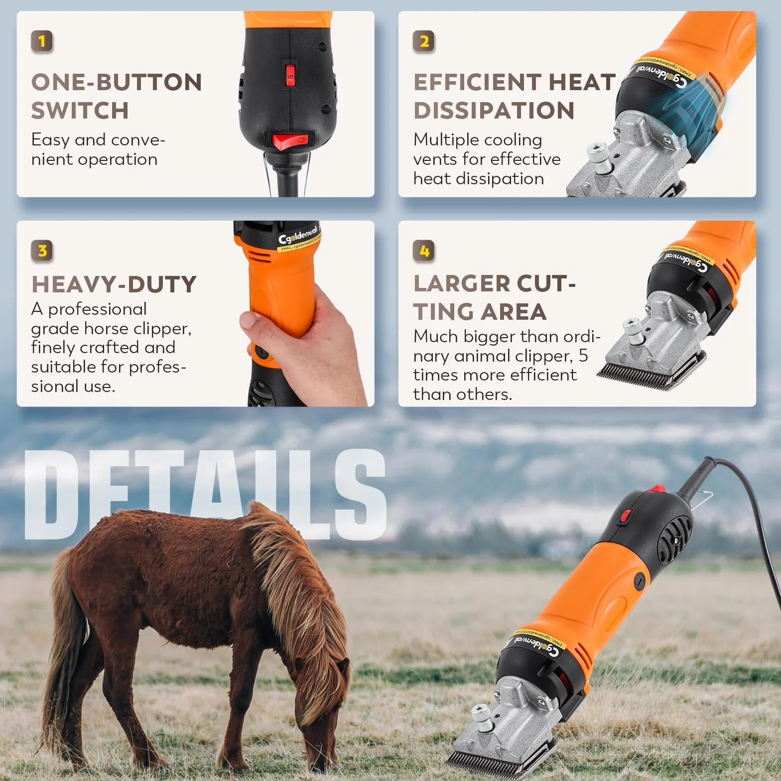 CGOLDENWALL Esquiladora para Caballos Profesional 690W 2800 RPM | 6 Velocidades + Cable 5m | Potencia Industrial para Caballos, Bovinos, Cabras, Ponis & Animales de Pelo Grueso