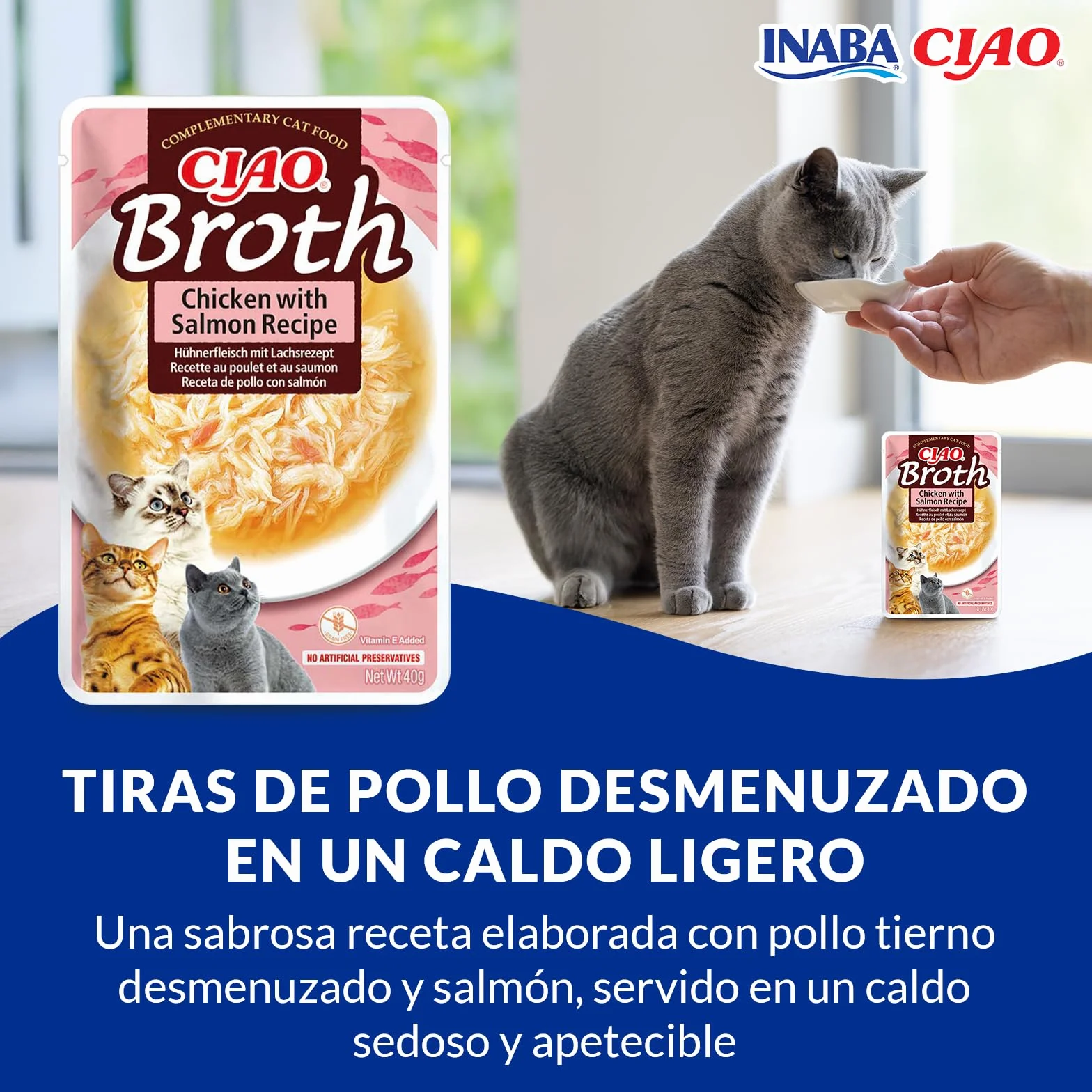 INABA Churu Broth - Caldo para Gatos - Snacks Receta Pollo y Salmón - Premios con Proteínas Animales - Sin Cereales, Conservantes, Colorantes - Sólo 16Cal - 40g
