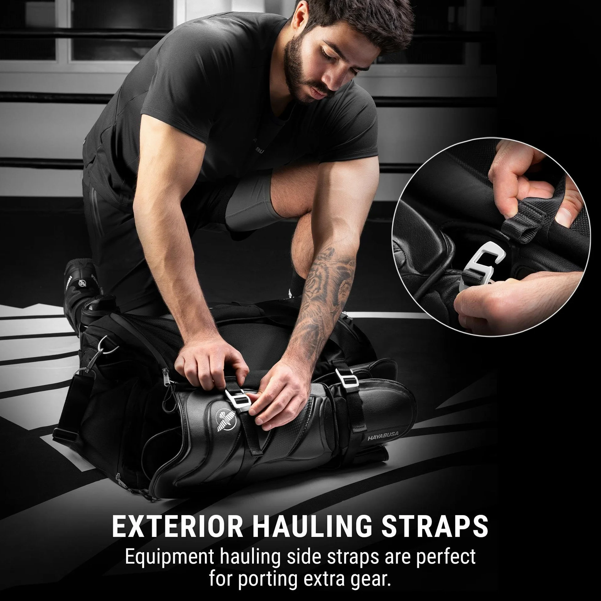 Hayabusa Airstream Bolsa de gimnasio negra 50 l 7 bolsillos con cremallera para viajes boxeo MMA BJJ kickboxing