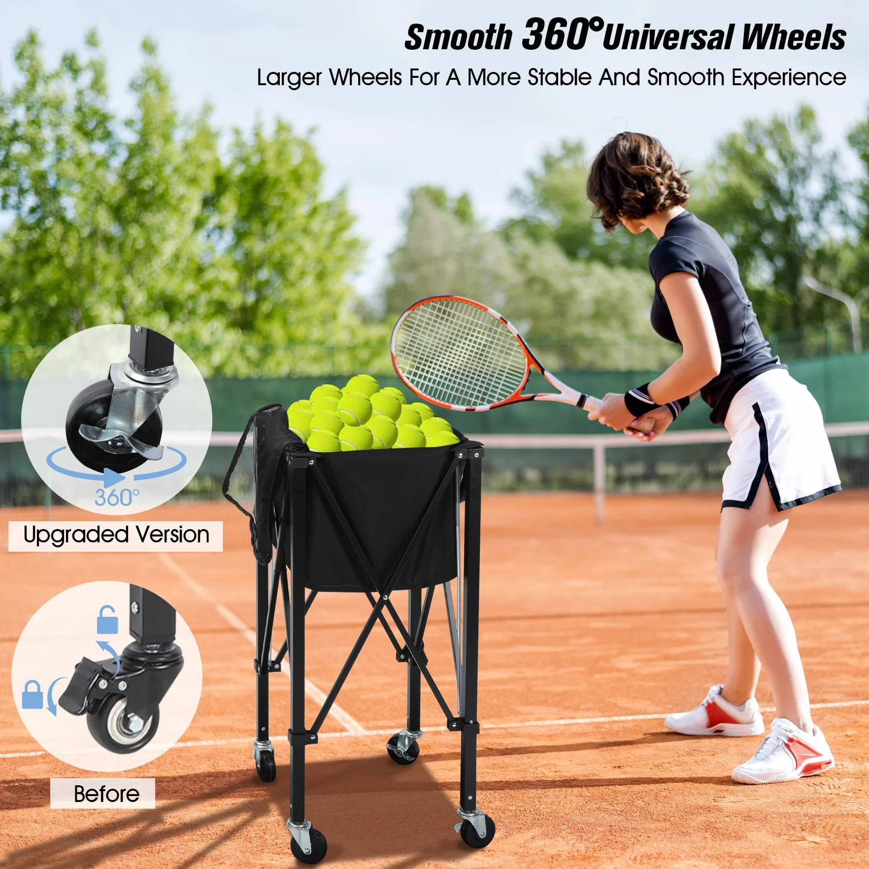 Carro de pelotas de tenis plegable para 180 pelotas, con ruedas de seguridad