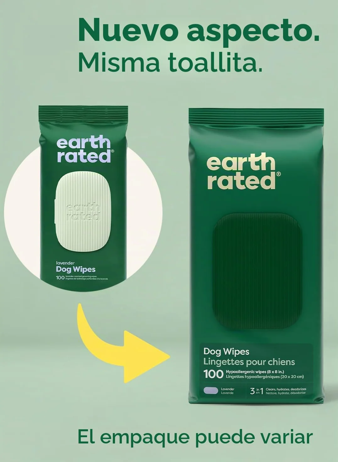 Earth Rated Toallitas hipoalergénicas para Perros, para Limpiar y Eliminar olores de Patas, Cuerpo y Trasero, Cachorros y Perros Adultos, Aroma a Lavanda, 100 Unidades