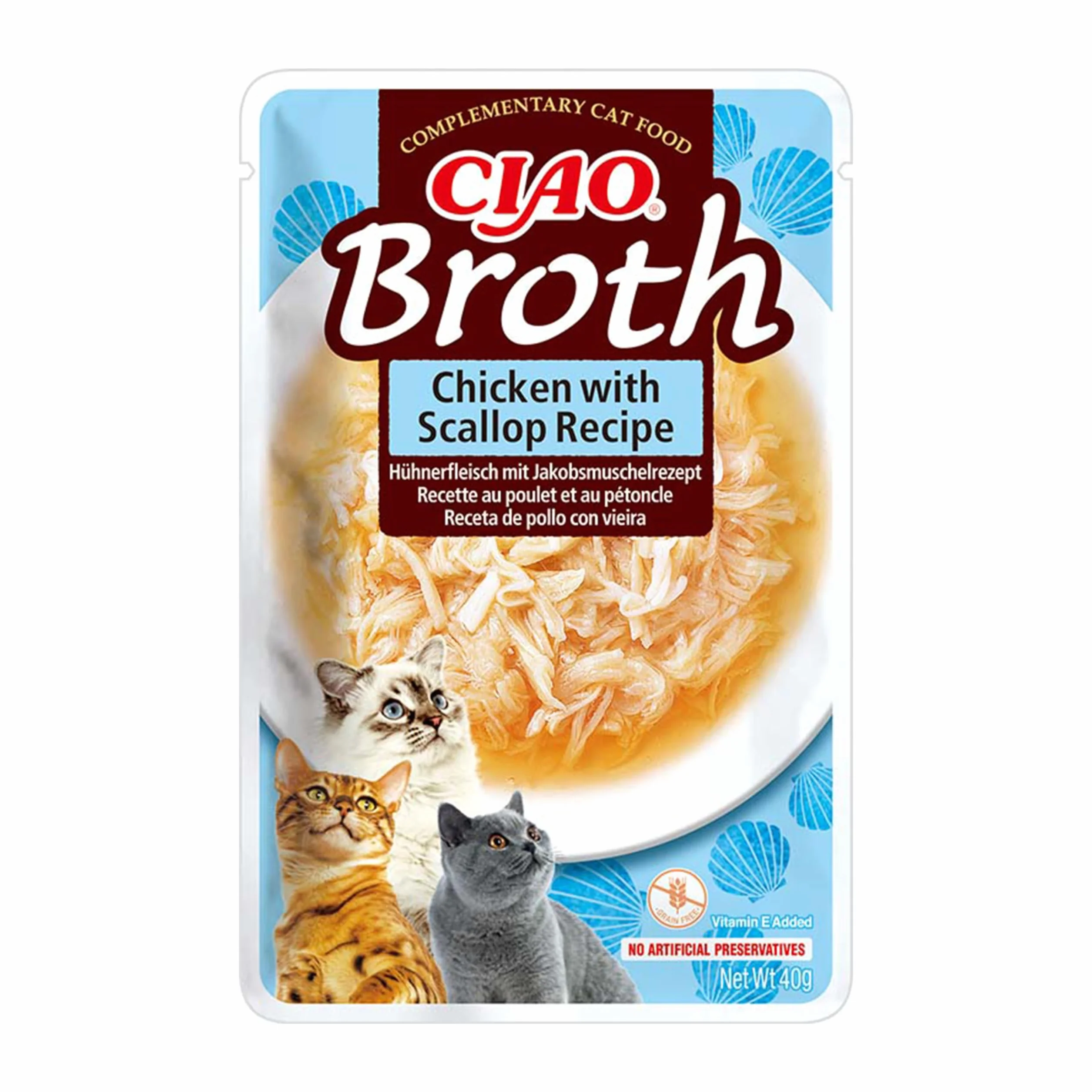 INABA Ciao Broth Gatos - Caldo Receta Pollo y Vieira - Premios Saludables con Proteínas Animales - Snacks Sin Cereales, Sin Conservantes, Sin Colorantes - Sólo 16Cal - 40g