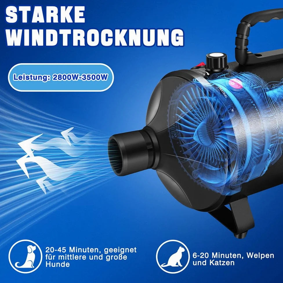 Secador de pelo para mascotas – 3500 W Perros Blower – Secador de pelo muy silencioso – Cuidado de mascotas para el cuidado del pelo – Soplador de cuidado de perros con 4 boquillas – Velocidad y calor