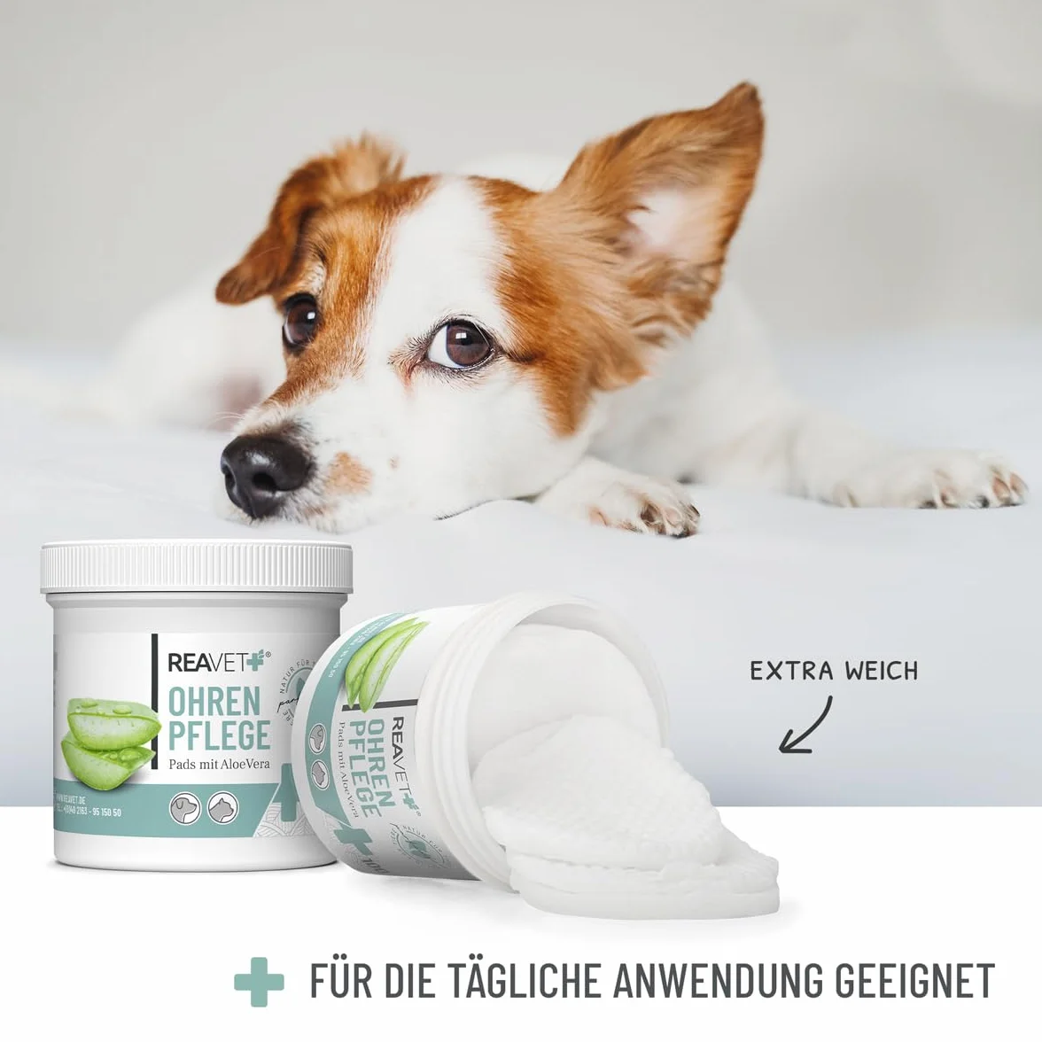 ReaVET 100 unidades de limpiador de oídos para perros y gatos Almohadillas para el cuidado de las orejas toallitas de limpieza para perros especialmente suave y suave con aloe vera para perros y gatos