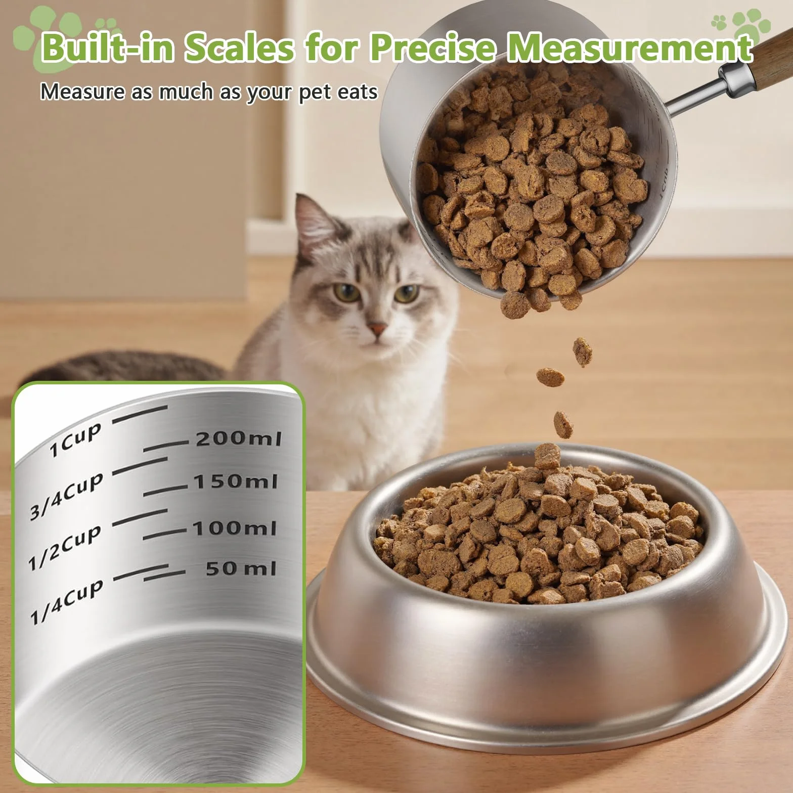 Cuchara de comida para perros y gatos, 1 taza, taza medidora de acero inoxidable 304 con mango largo de madera, cuchara duradera para perros, gatos, conejos, fácil de limpiar con marcas de