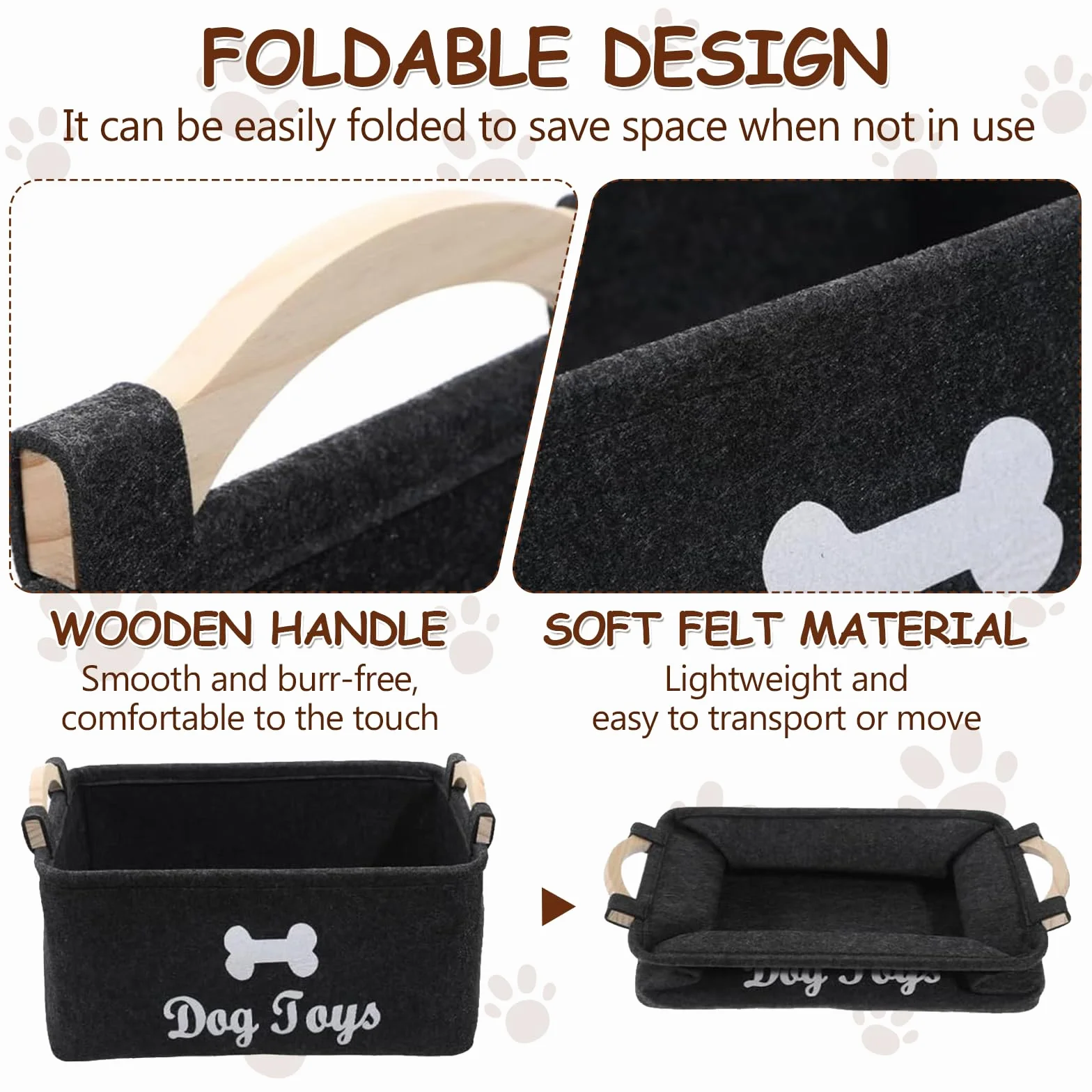 Cesta de Fieltro, Caja de Juguetes para Perros con Mango Madera, Cesta de Almacenamiento Juguete para Perros Versátil, Organizar Comida, Juguetes Accesorios Mascotas
