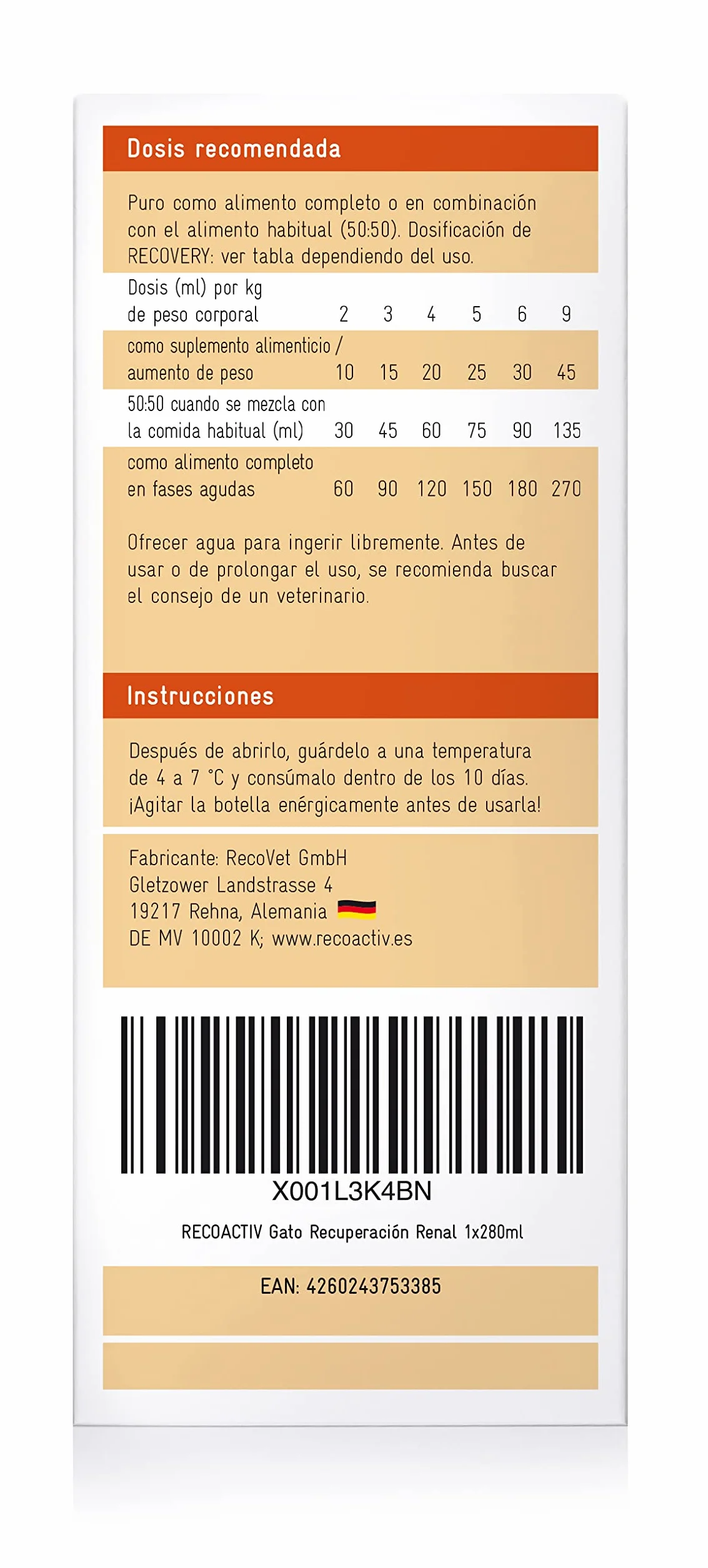 RECOACTIV Recovery Renal para gatos, 1 x 280 ml, alimento dietético completo de alto contenido calórico para la disfunción renal y el aumento de las necesidades energéticas