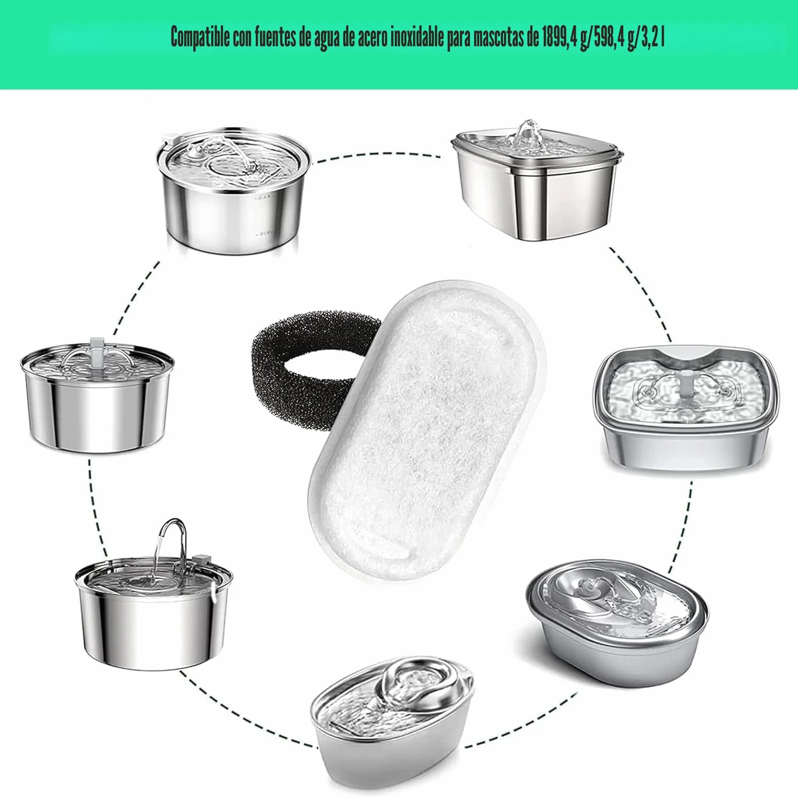 16 Filtros de Fuente de Agua para Gatos, Paquete de 8 Filtros de Fuente para Gatos de Repuesto con 8 Esponjas, para Dispensador de Agua de Acero Inoxidable para Mascotas de 2L/3.2L