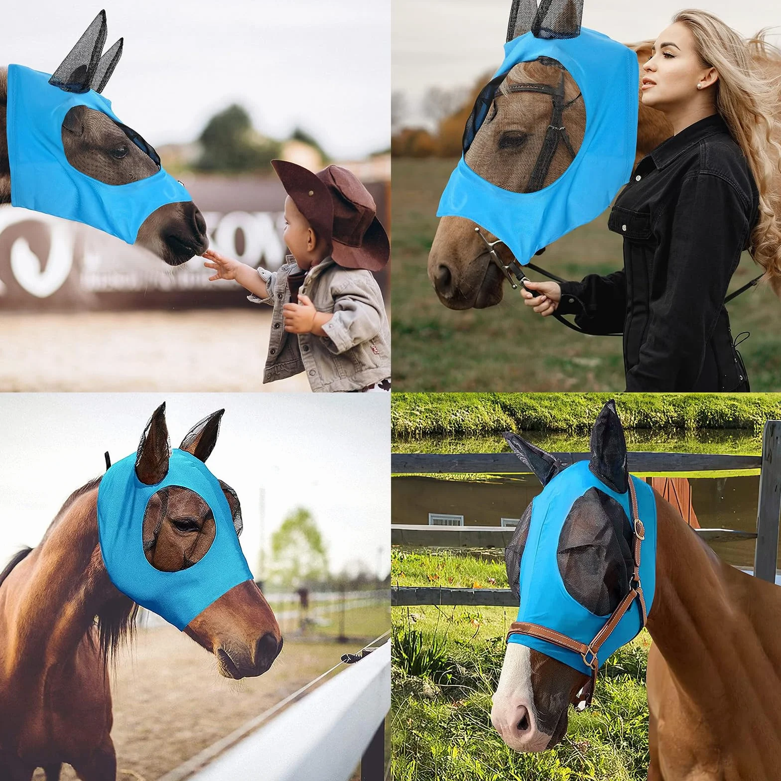 Máscara de Mosca de Caballo, Máscara Antimoscas para Caballo, Máscara de Mosca con Malla Transpirable, Anti-UV, Antimosquitos, Insectos, Máscara de Freno Elástica (Azul)