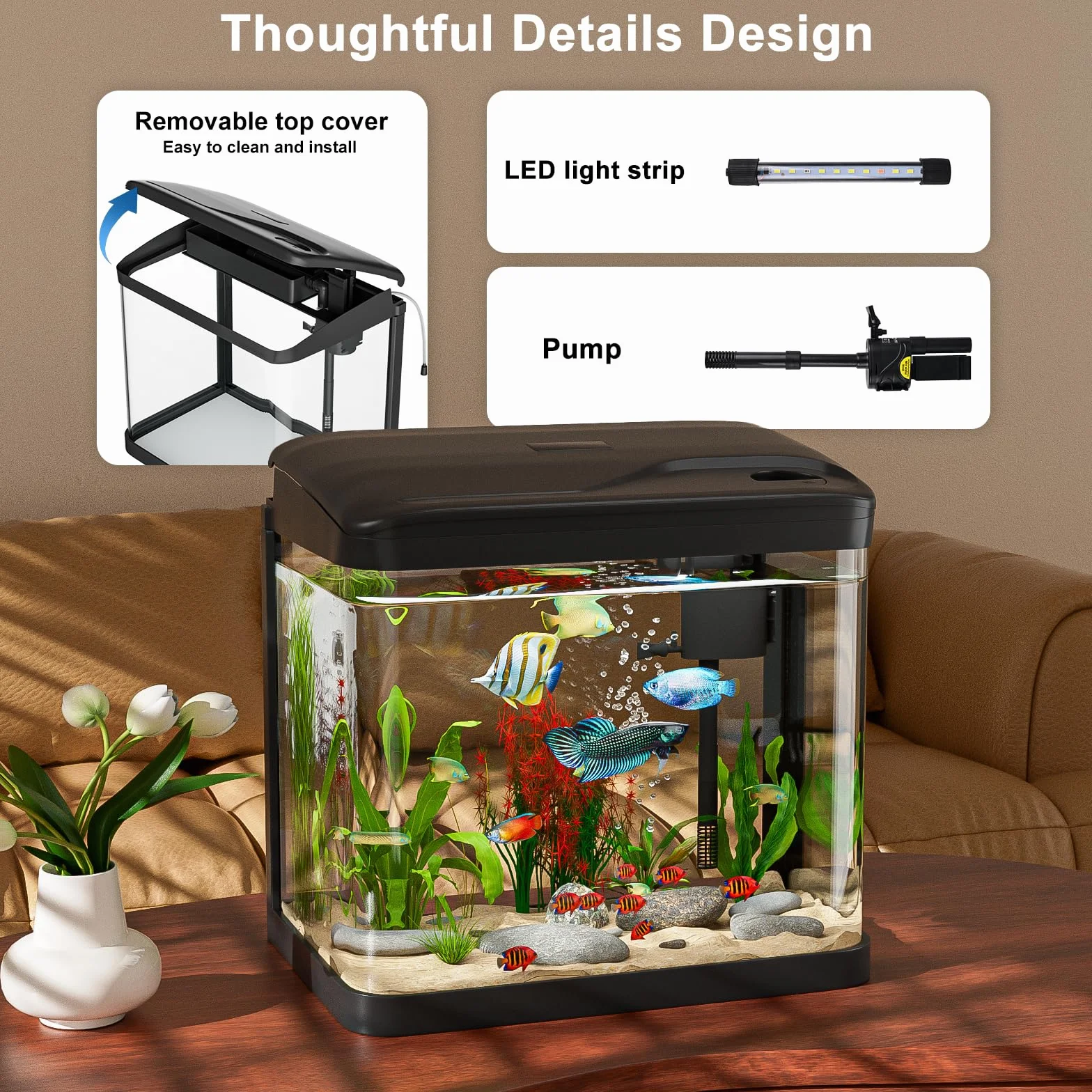 10L Acuario de Cristal, Ambesty Acuarios y Peceras Completas,Pecera con Sistema de Filtrado Integrado e Iluminación LED,Bajo Ruido y Silencioso,Acuarios de Iniciación, Negro